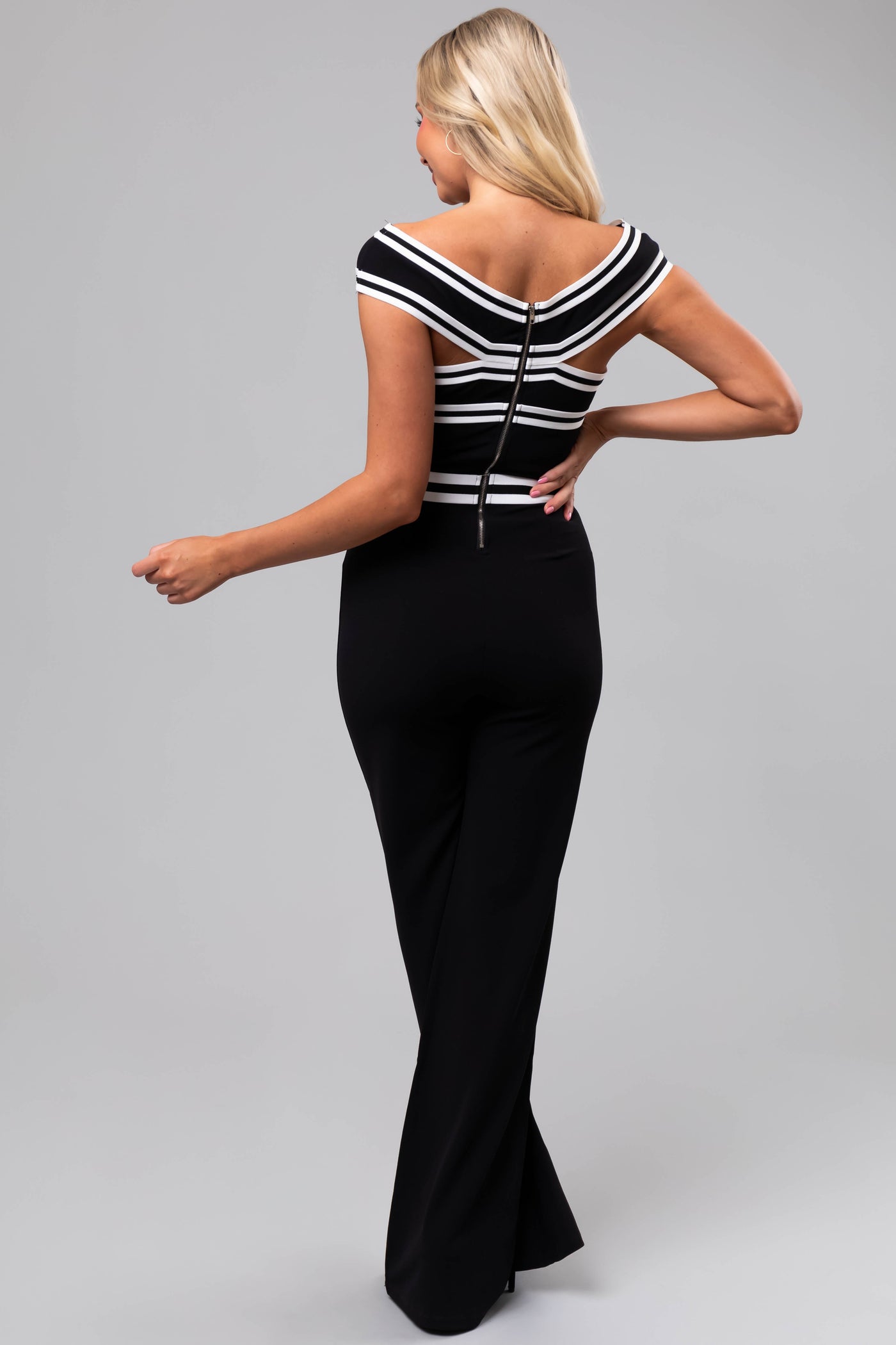 Black and White Off Shoulder Cross Detail Jumpsuit