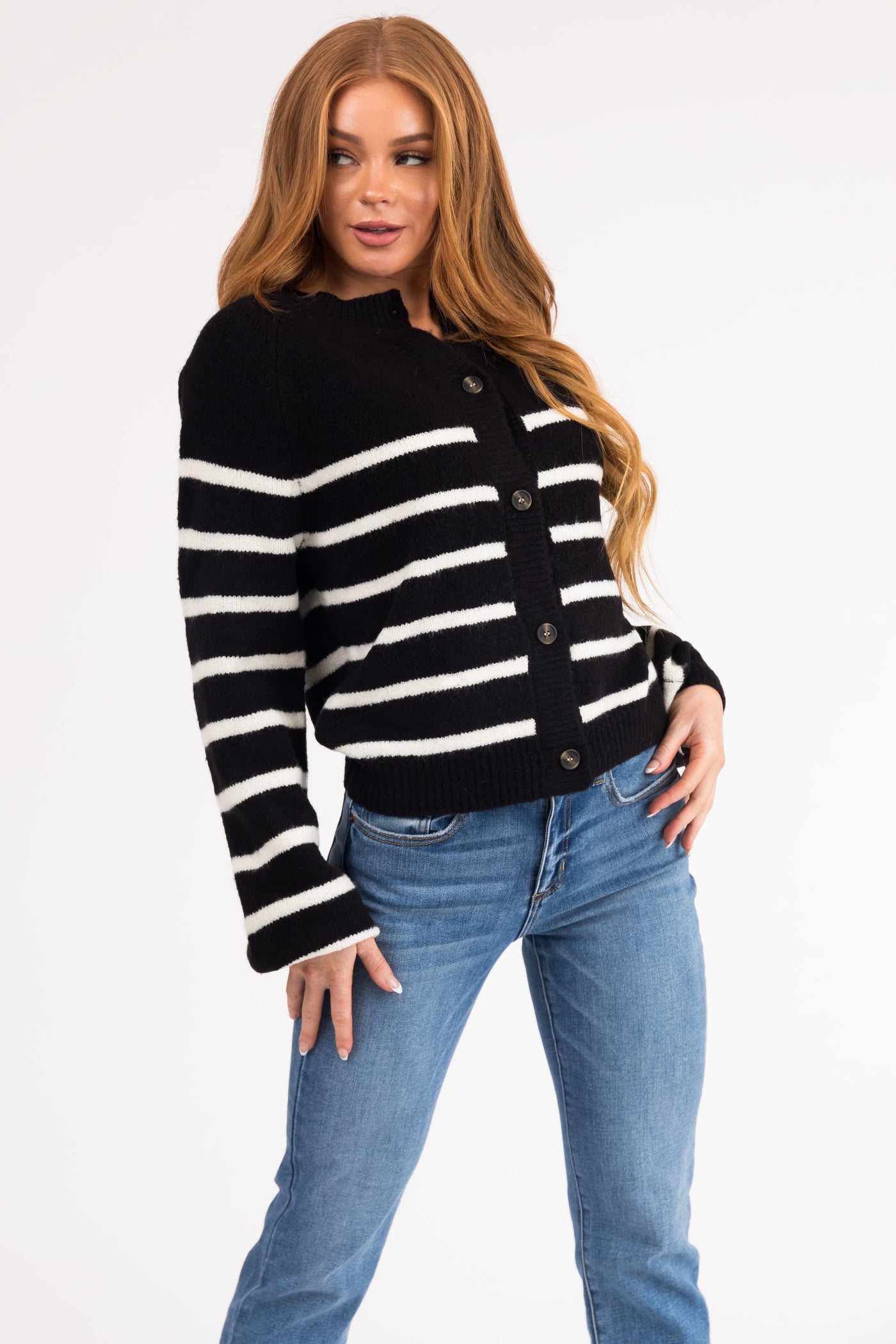 Black and White Striped Button Down Cardigan