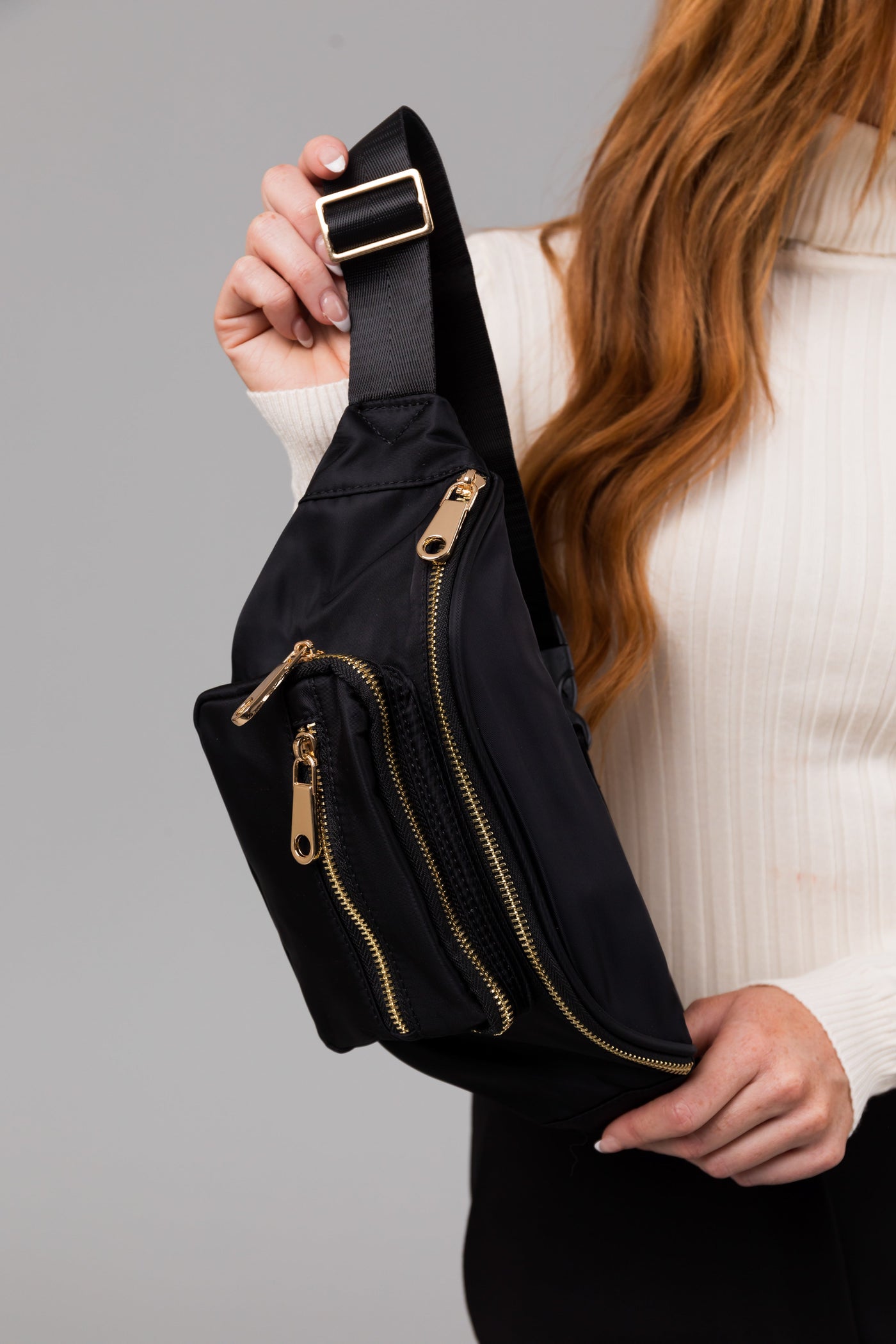 Black Buckle Strap Zipper Nylon Crossbody Bag