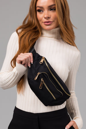 Black Buckle Strap Zipper Nylon Crossbody Bag