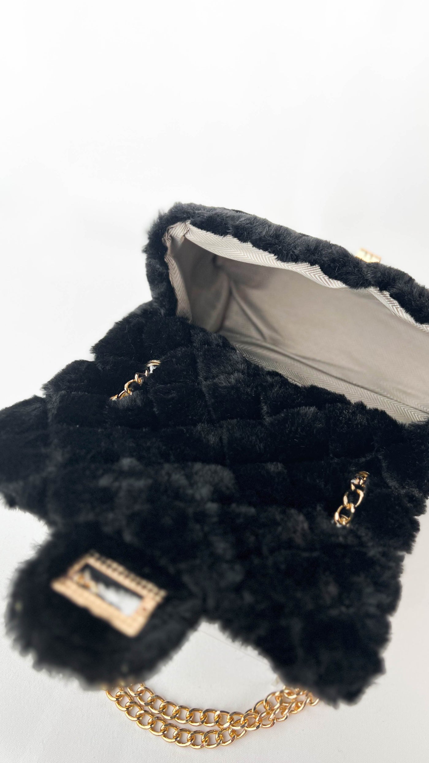 Black Faux Fur Quilted Chain Strap Purse