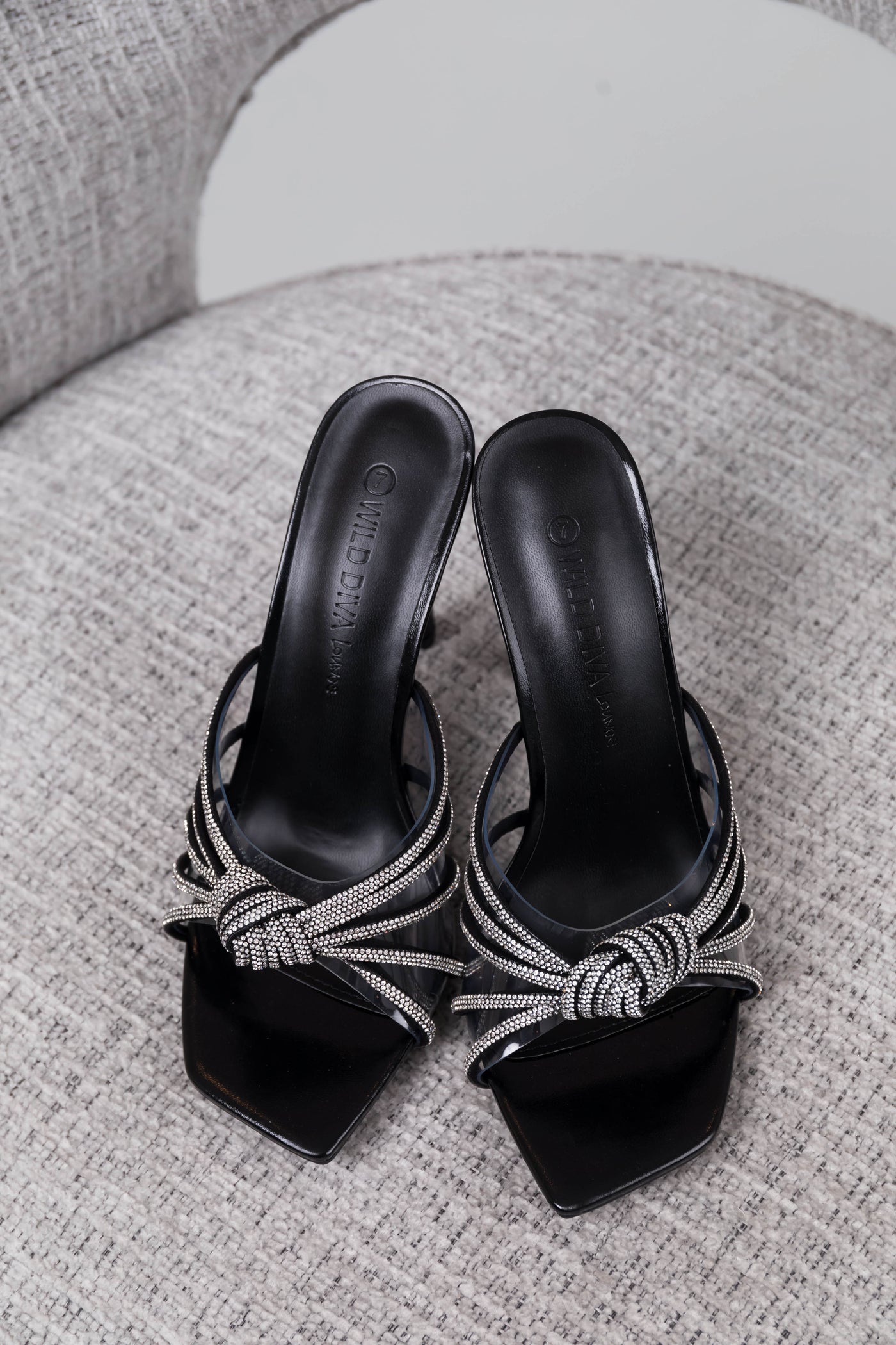 Black Faux Leather Rhinestone Knot Strap Heels