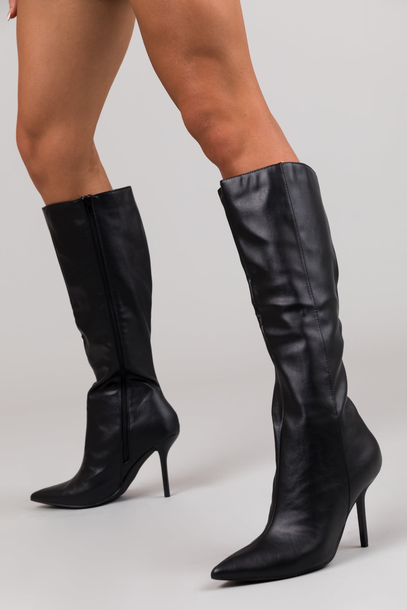 Black Faux Leather Stiletto Knee High Boot
