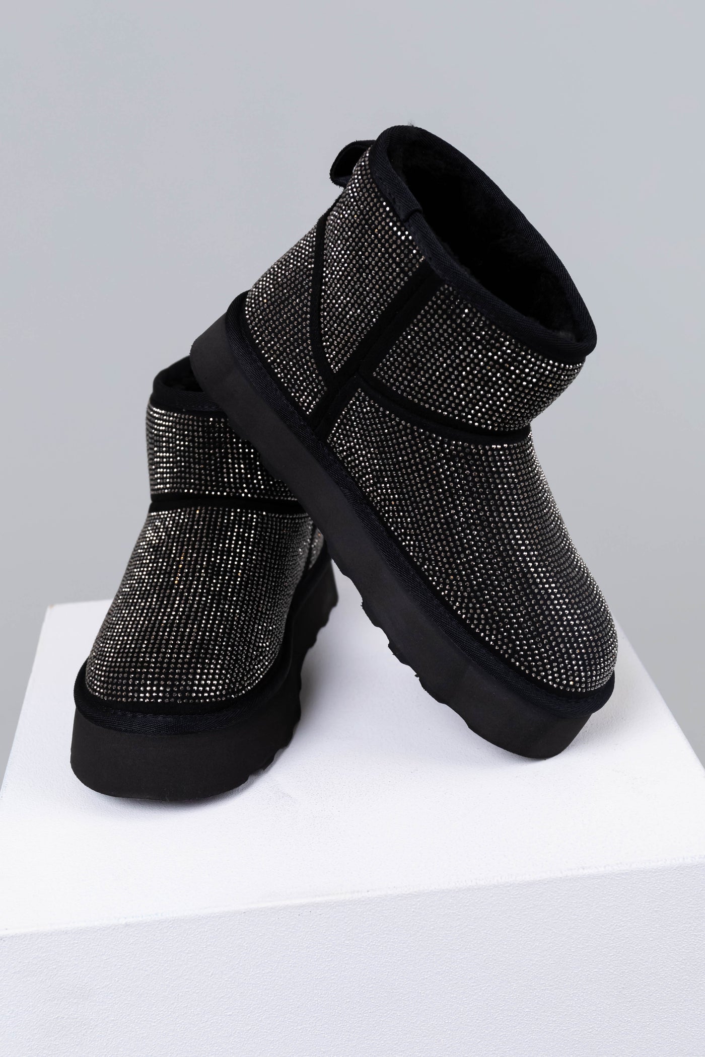 Black Rhinestone Fleece Lined Platform Booties