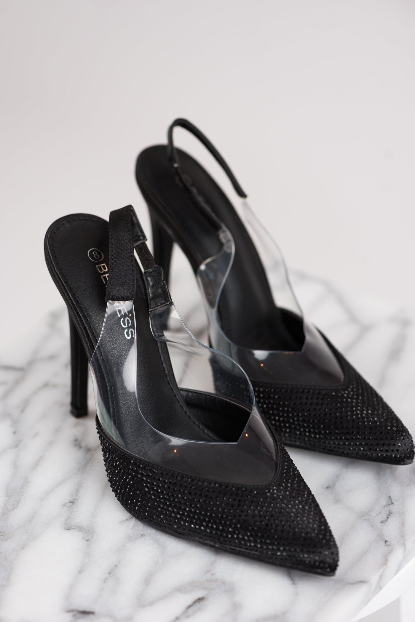 Black Rhinestone Pointed Toe Open Sling Back Heels