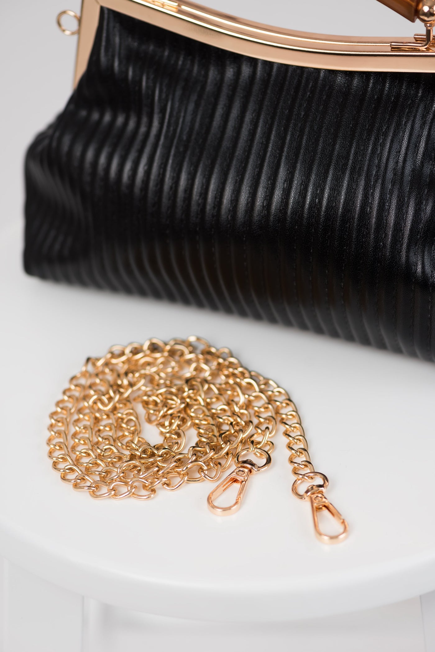 Black Ribbed Faux Leather Clutch with Chain Strap