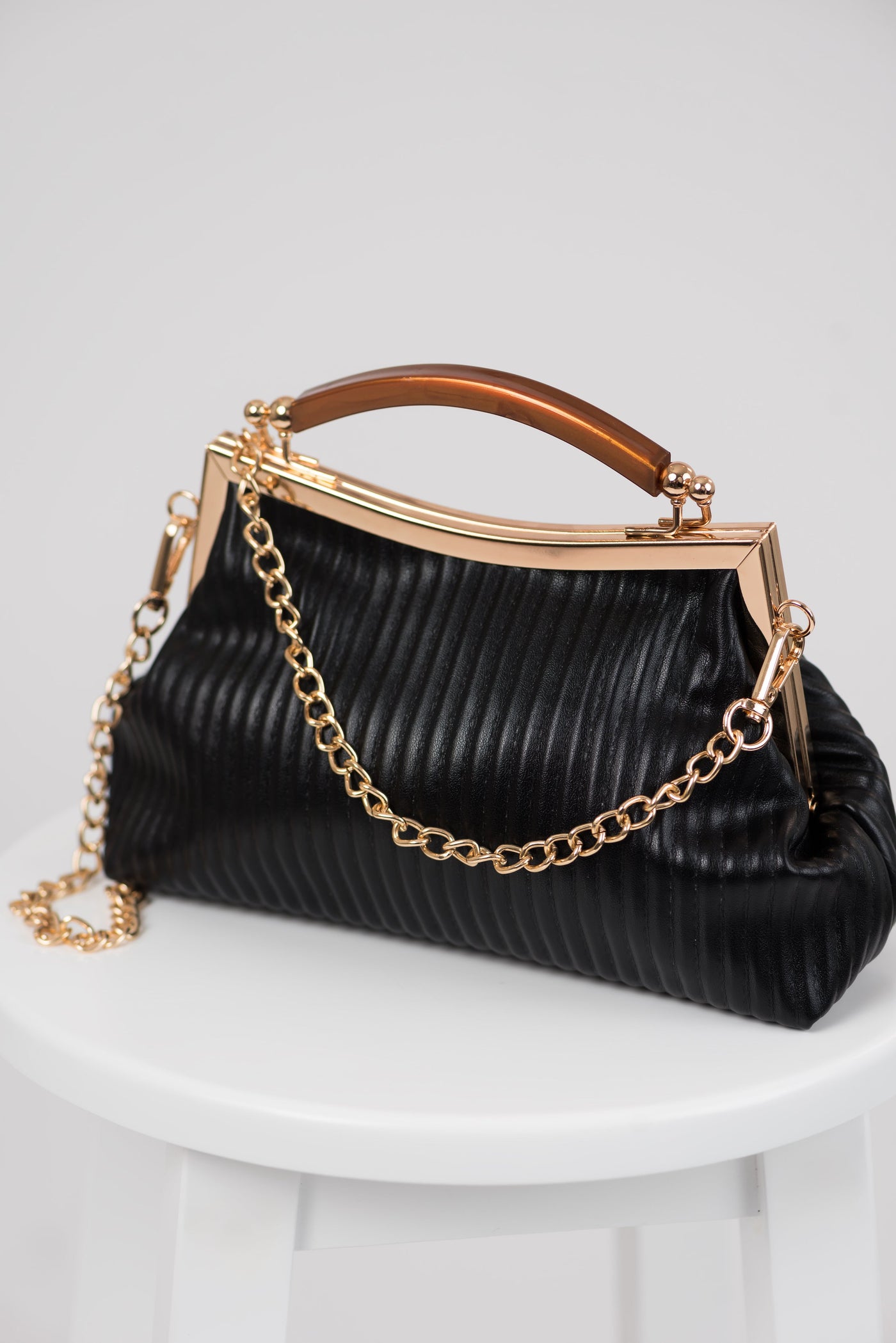 Black Ribbed Faux Leather Clutch with Chain Strap