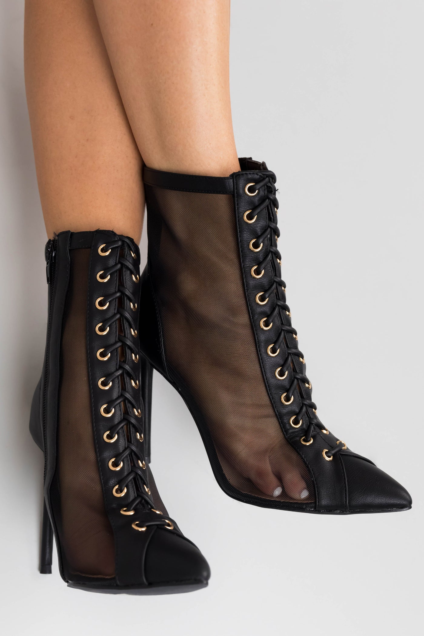Black Sheer Mesh Lace Up Stiletto Booties