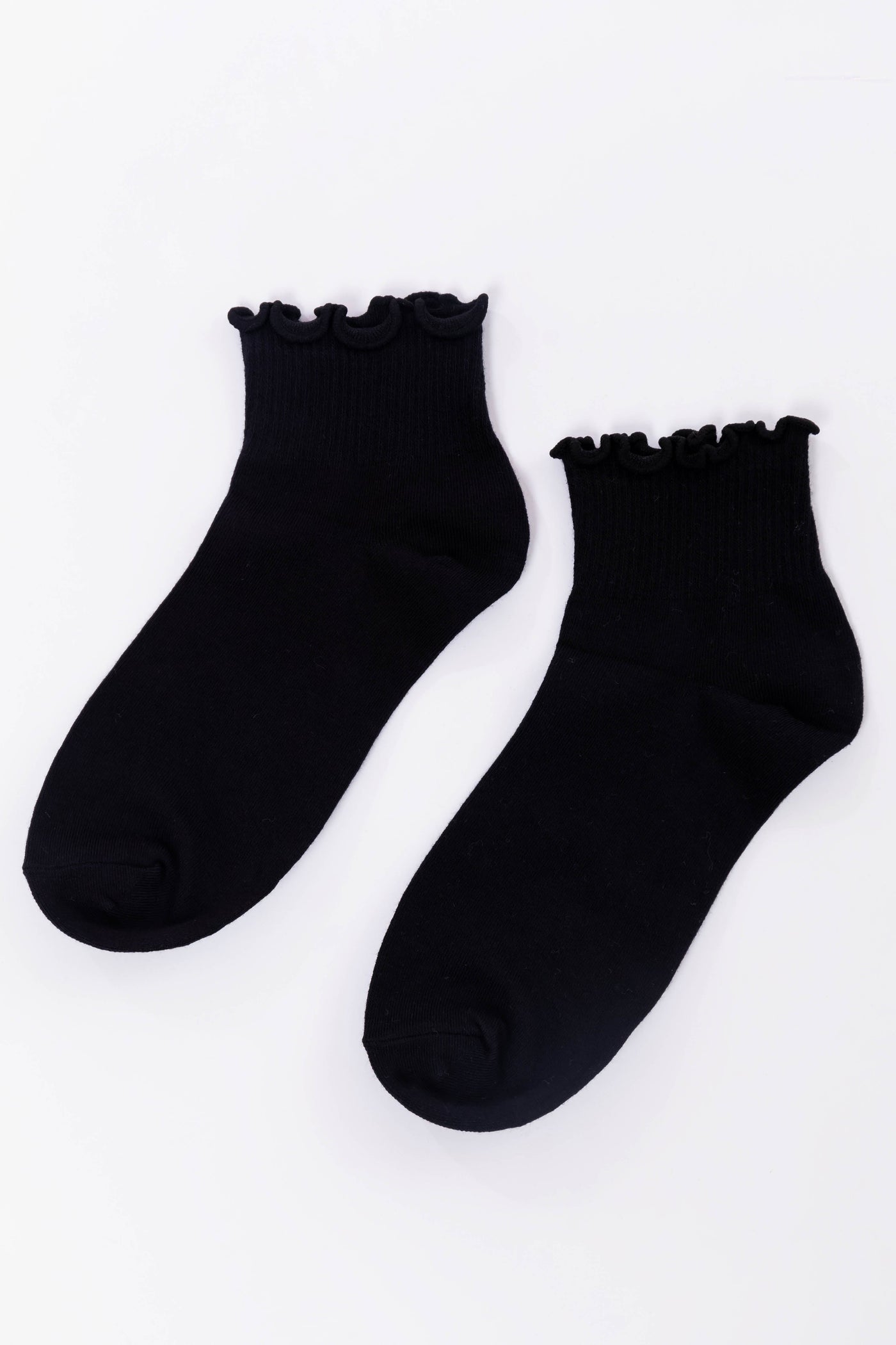 Black Solid Lettuce Trim Crew Socks