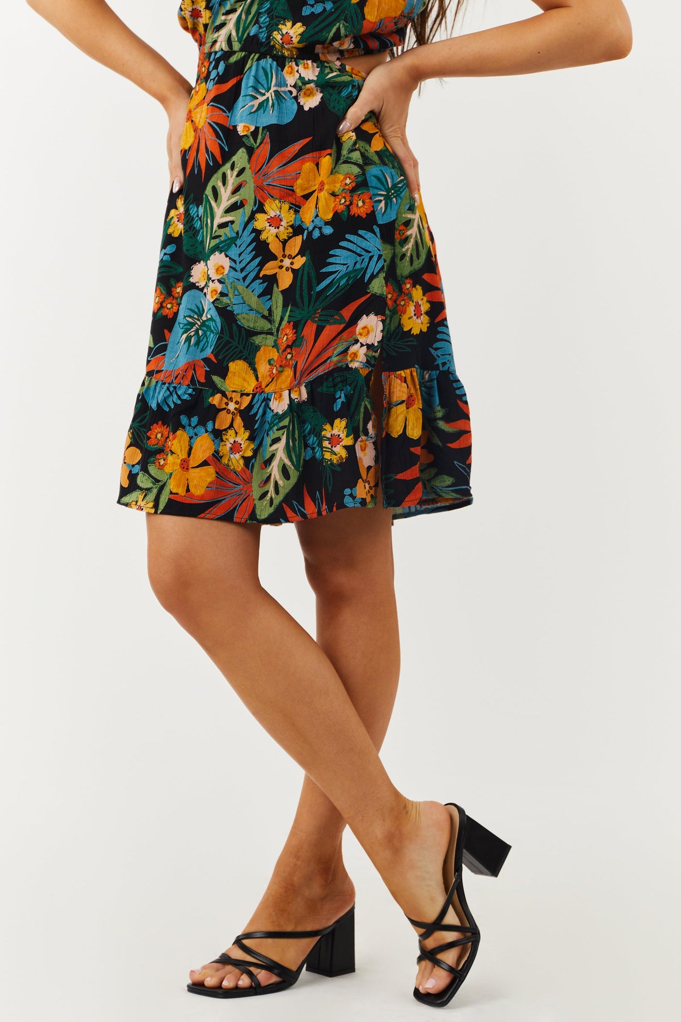 Black Square Toe Strappy Slip On Heels