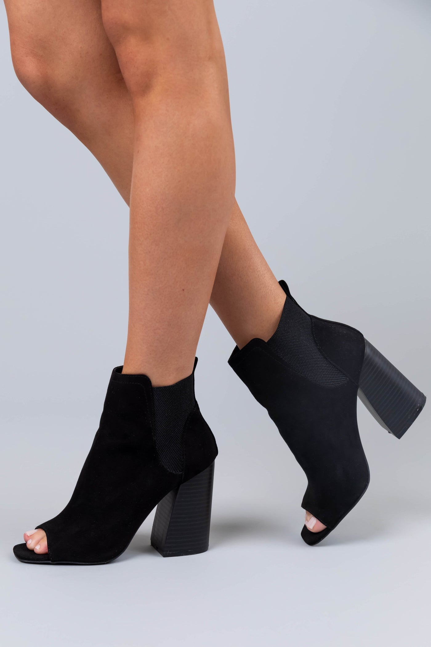 Black Suede Peep Toe Chunky Heel Booties