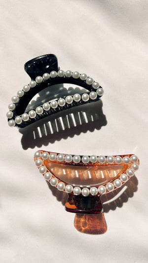 Black and Caramel Pearl Trim Hair Claw Clips