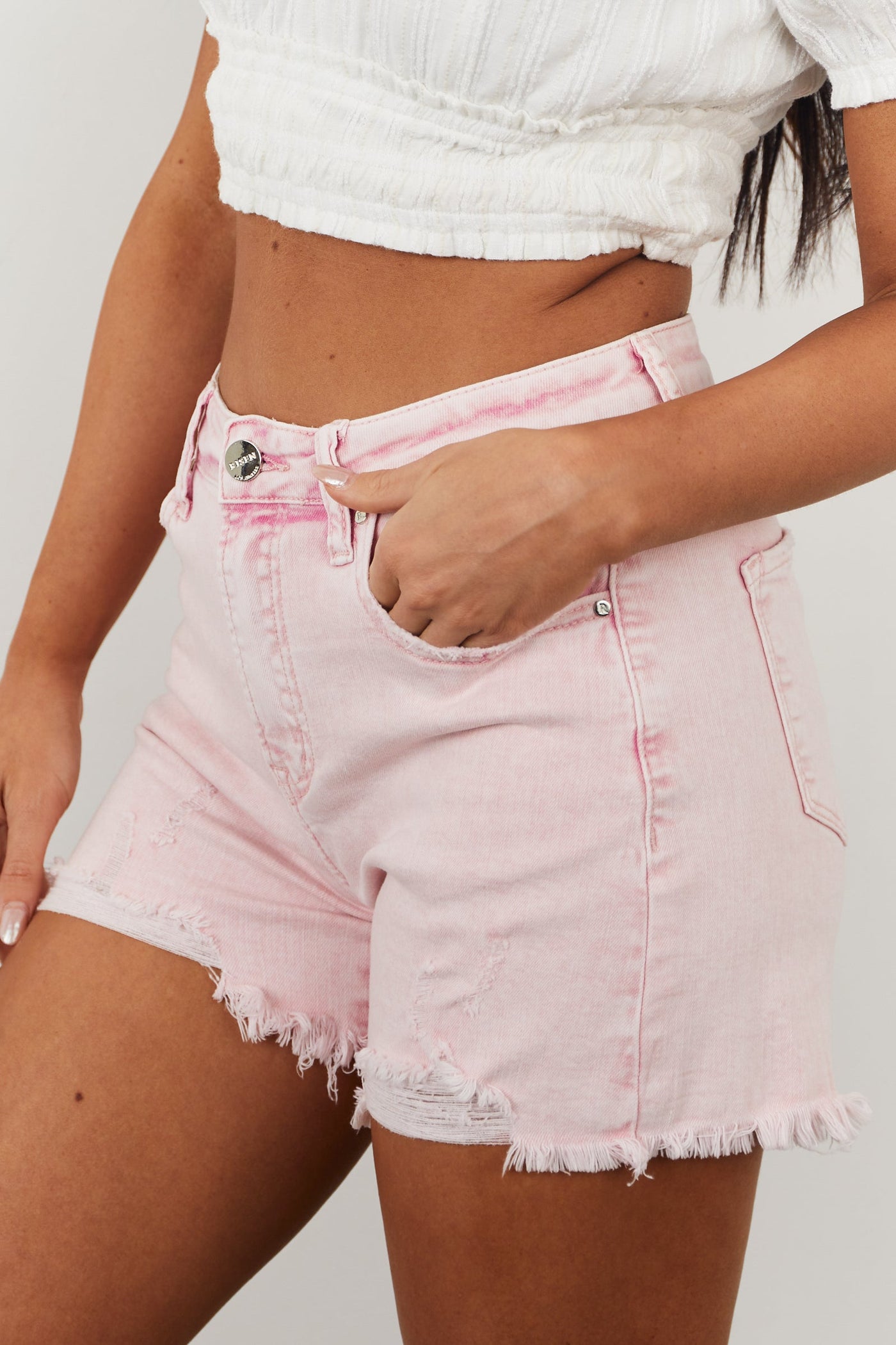 Risen Blush Acid High Rise Distressed Frayed Hem Shorts