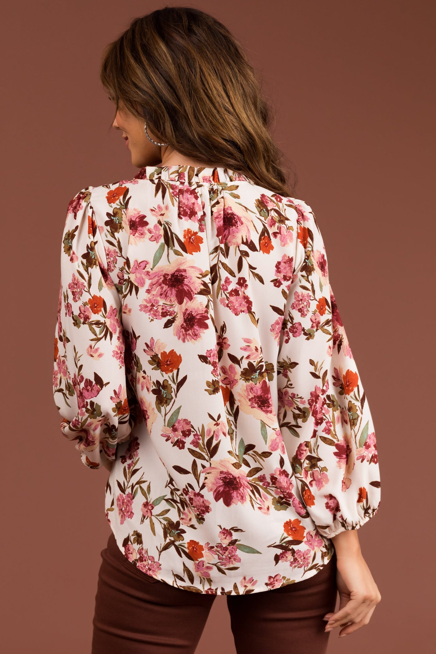 Blush Floral Long Bubble Sleeve Woven Blouse