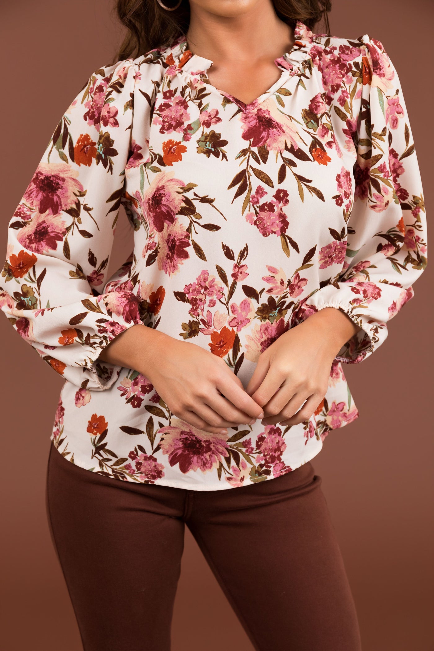 Blush Floral Long Bubble Sleeve Woven Blouse