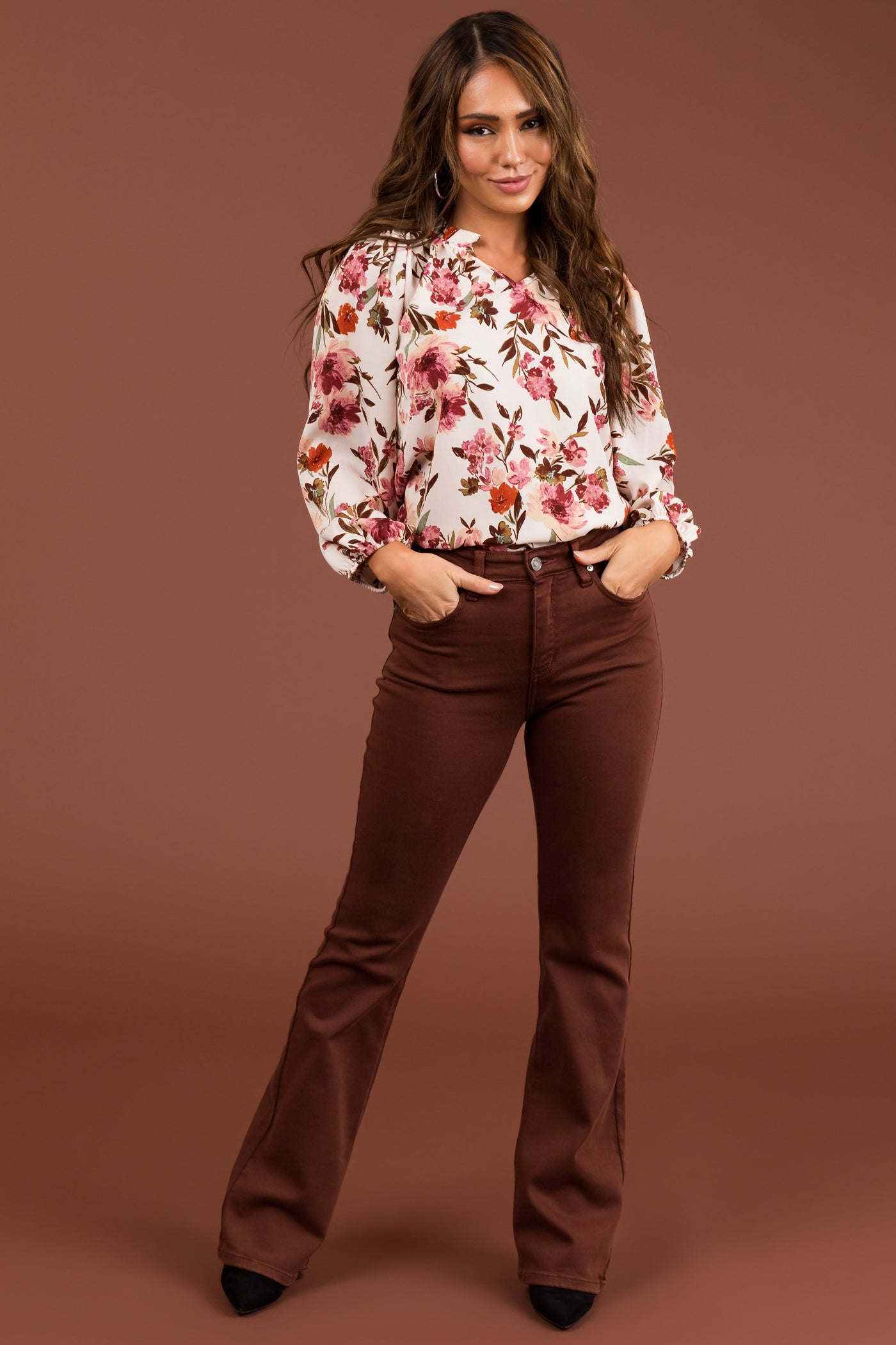 Blush Floral Long Bubble Sleeve Woven Blouse