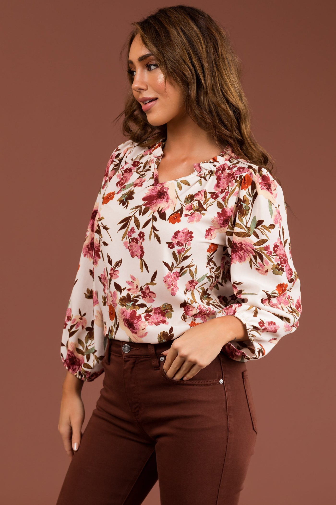Blush Floral Long Bubble Sleeve Woven Blouse