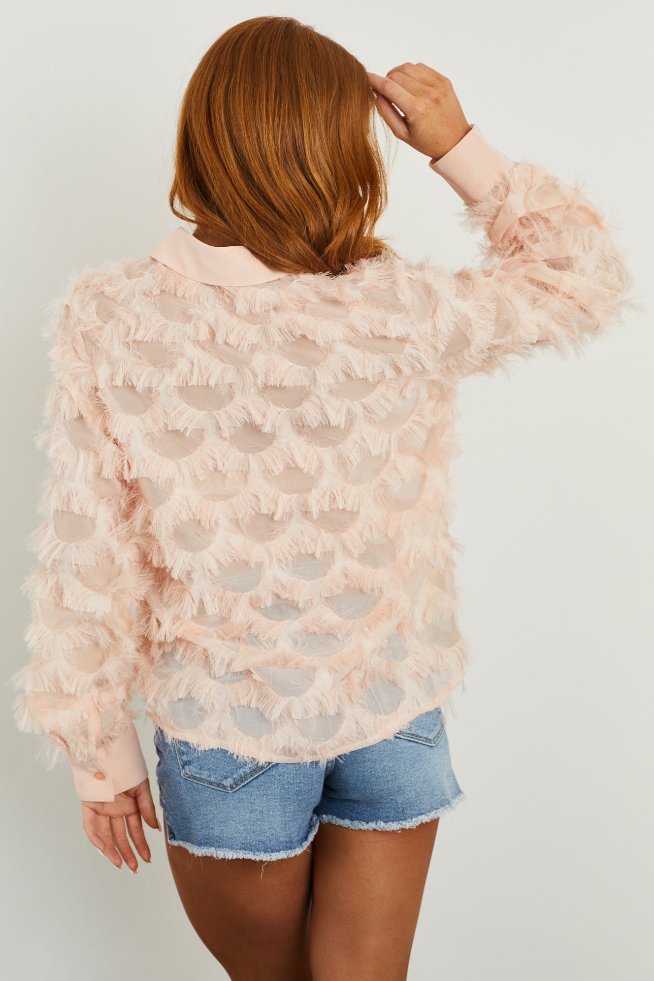 Blush Fringe Collared Button Up Blouse