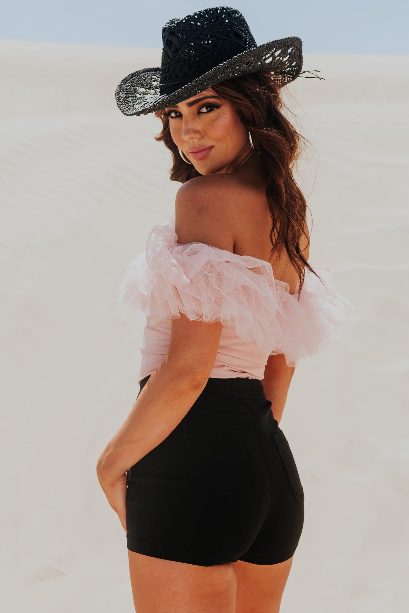 Blush Off the Shoulder Ruffle Mesh Bodysuit