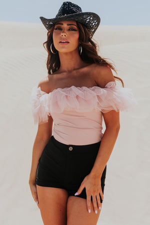 Blush Off the Shoulder Ruffle Mesh Bodysuit