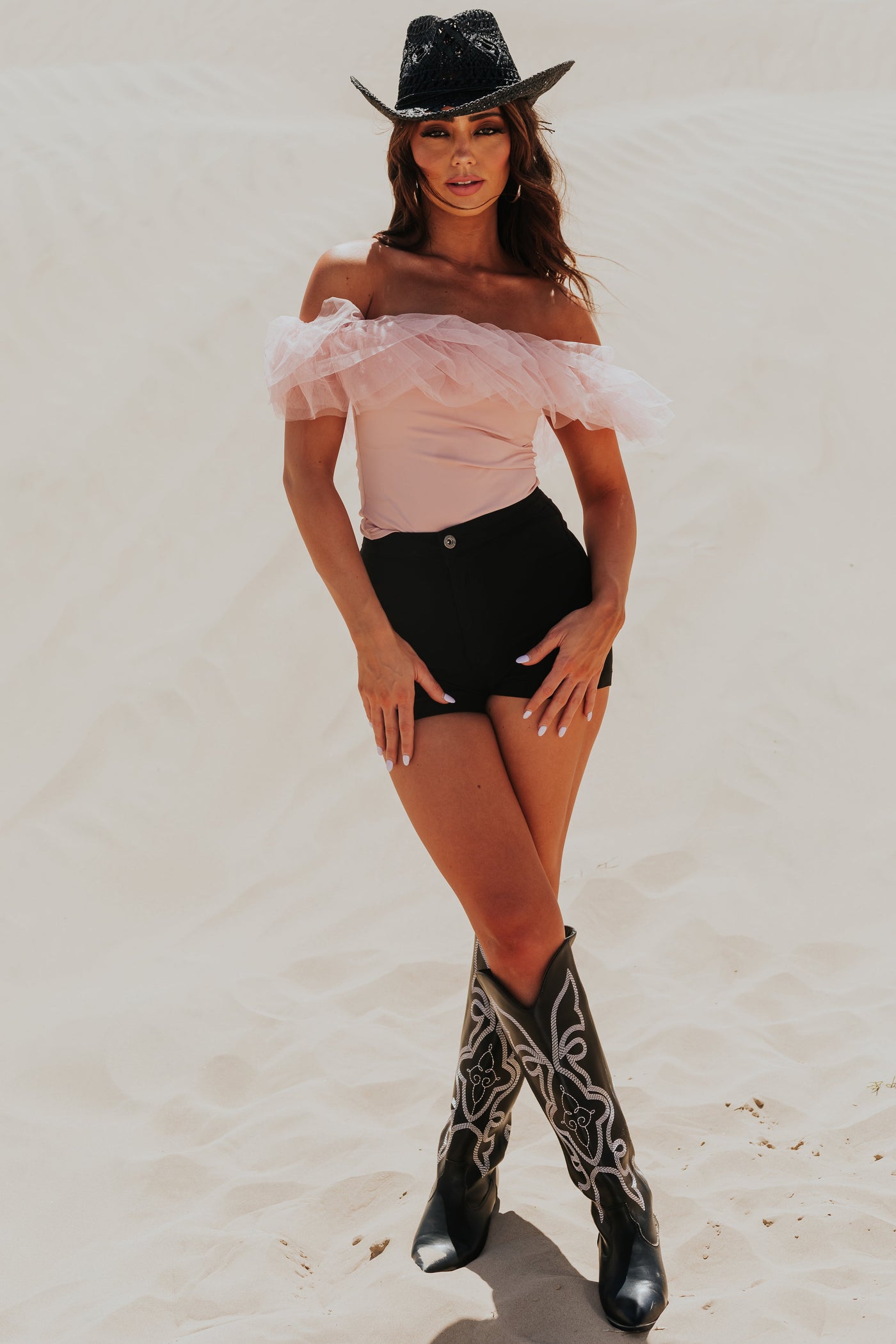 Blush Off the Shoulder Ruffle Mesh Bodysuit