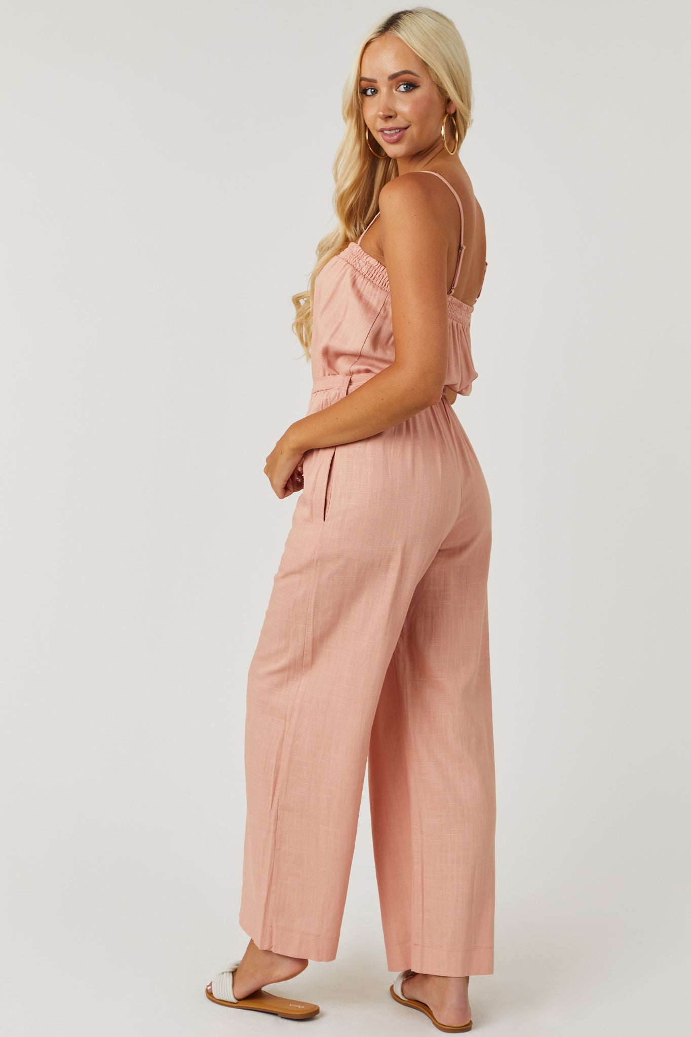 Blush Sleeveless Tie Waist Linen Jumpsuit