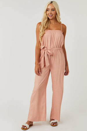 Blush Sleeveless Tie Waist Linen Jumpsuit