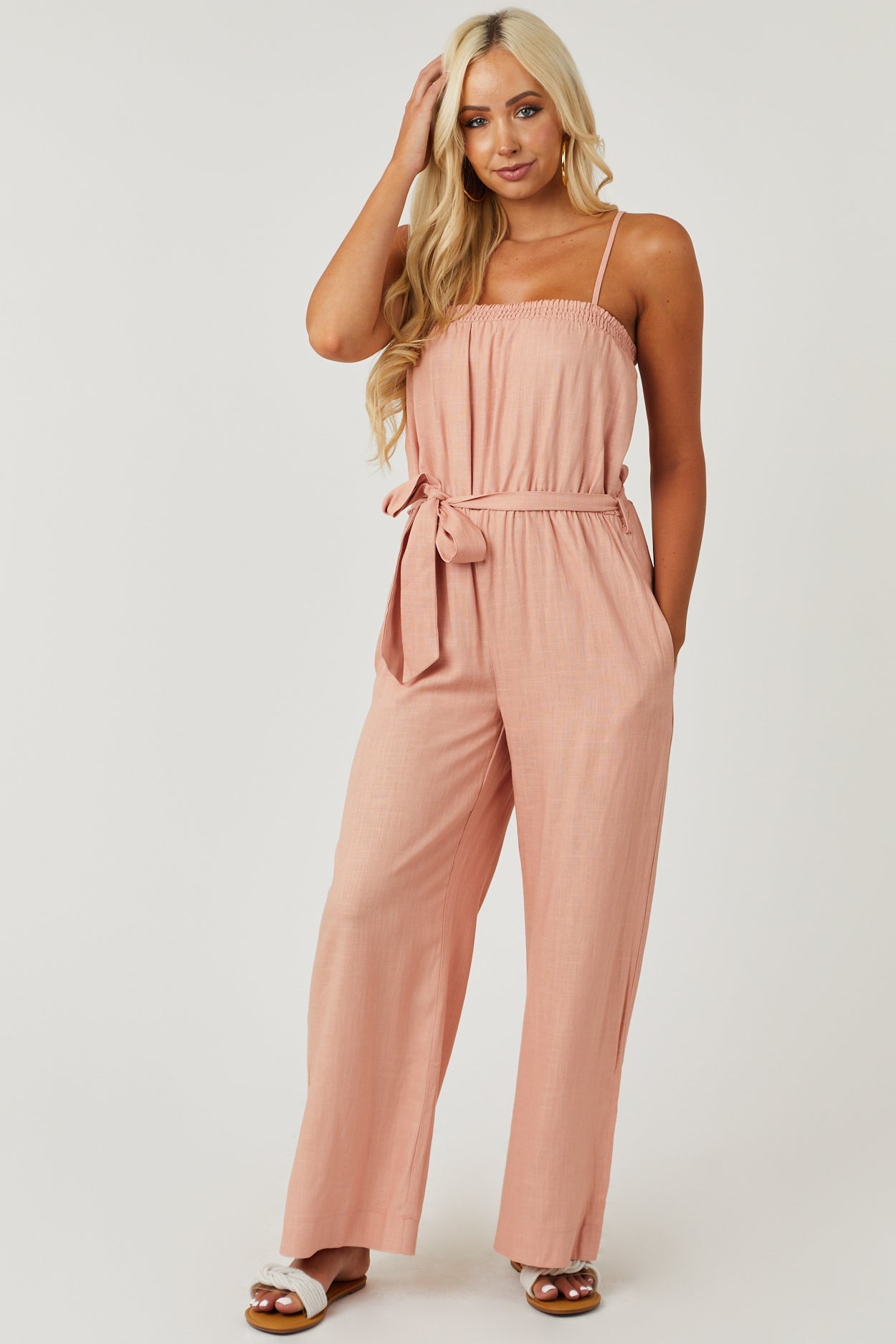Blush Sleeveless Tie Waist Linen Jumpsuit