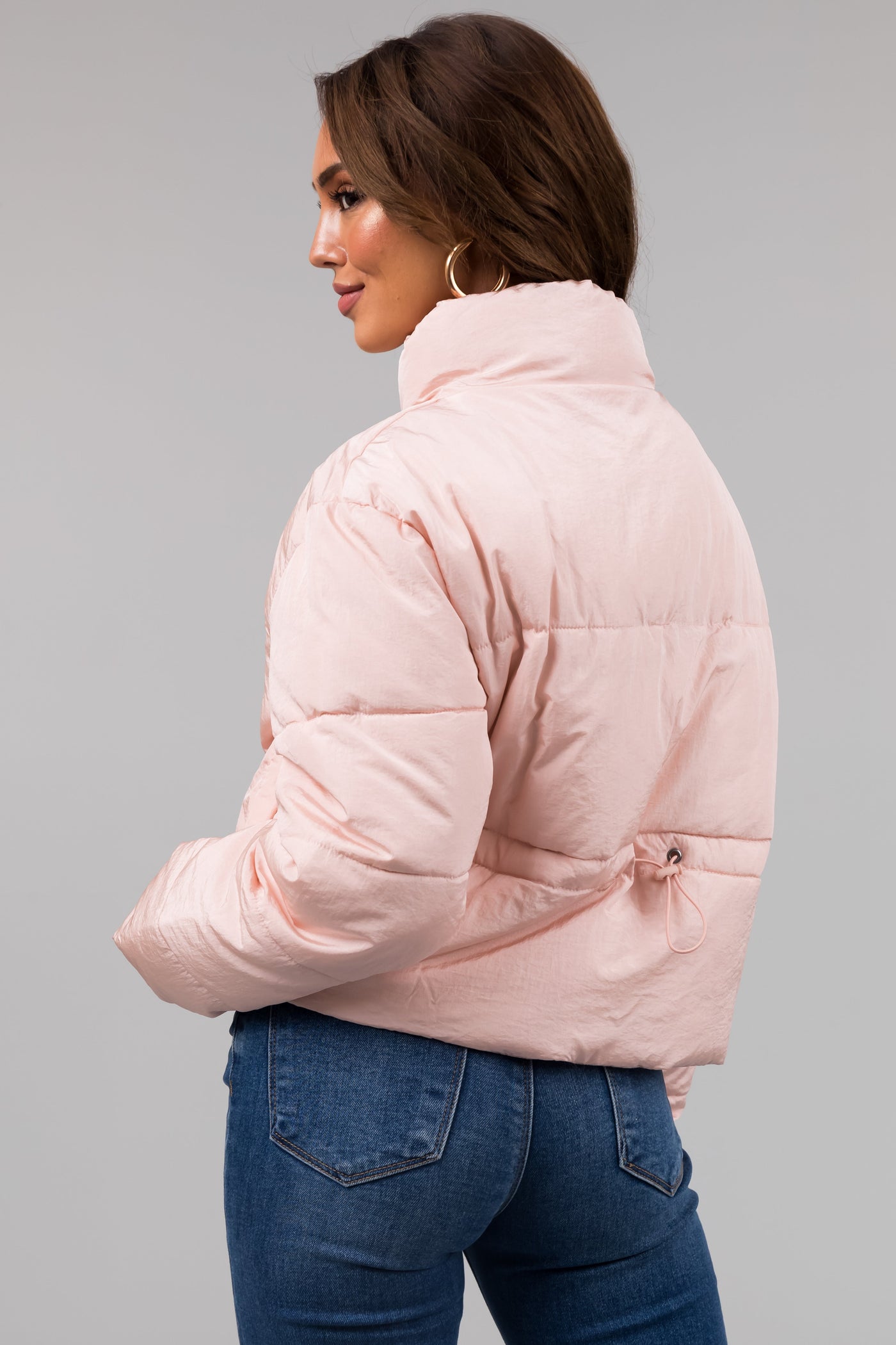 Blush Zip Up Quilted Puffer Jacket with Sheen