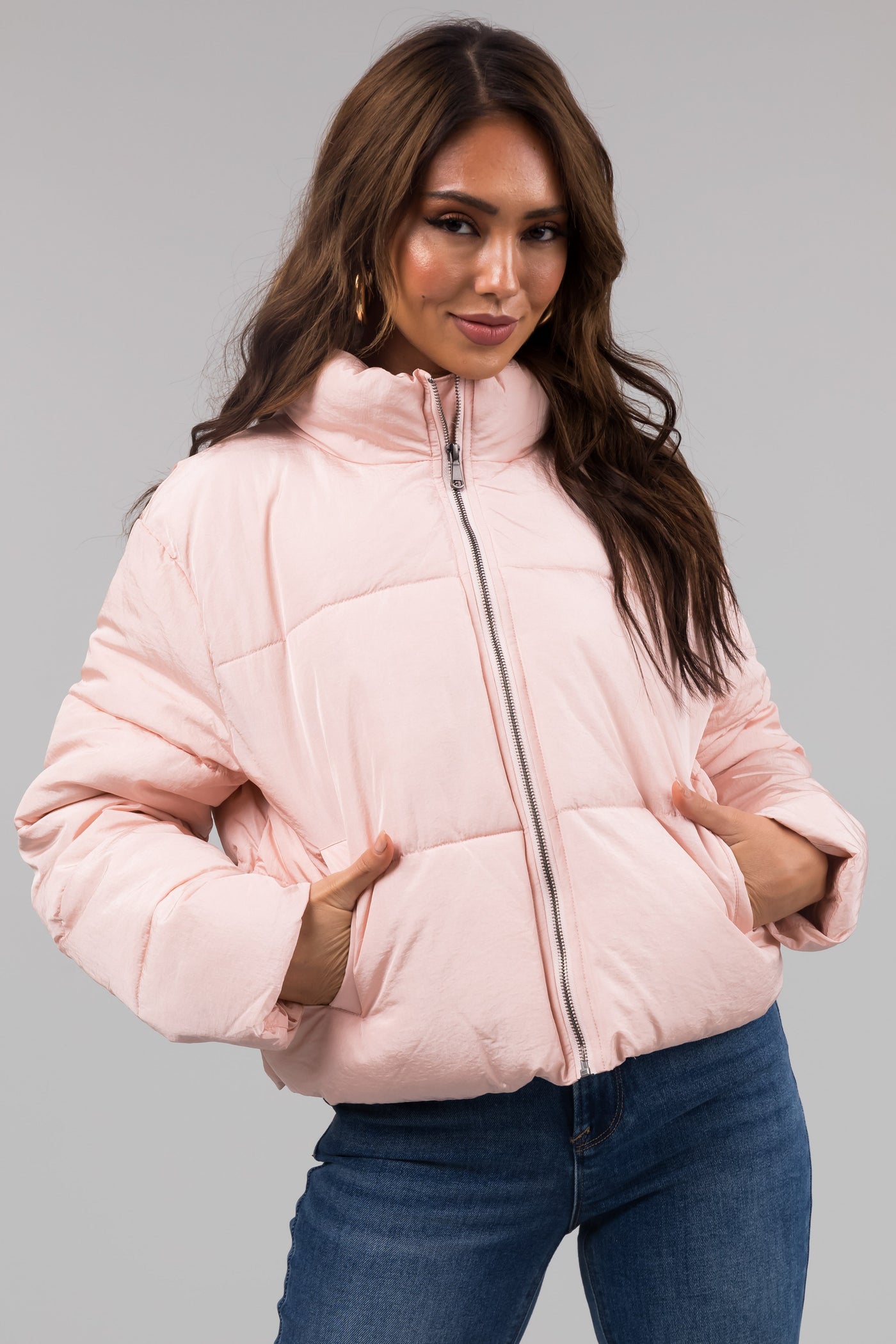 Blush Zip Up Quilted Puffer Jacket with Sheen