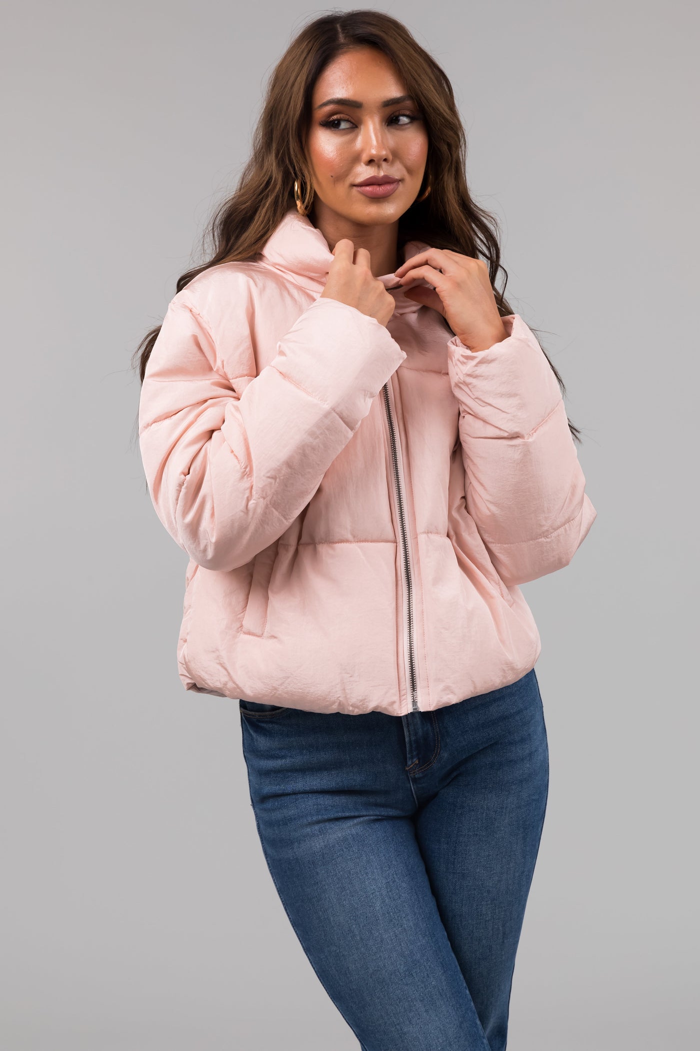 Blush Zip Up Quilted Puffer Jacket with Sheen