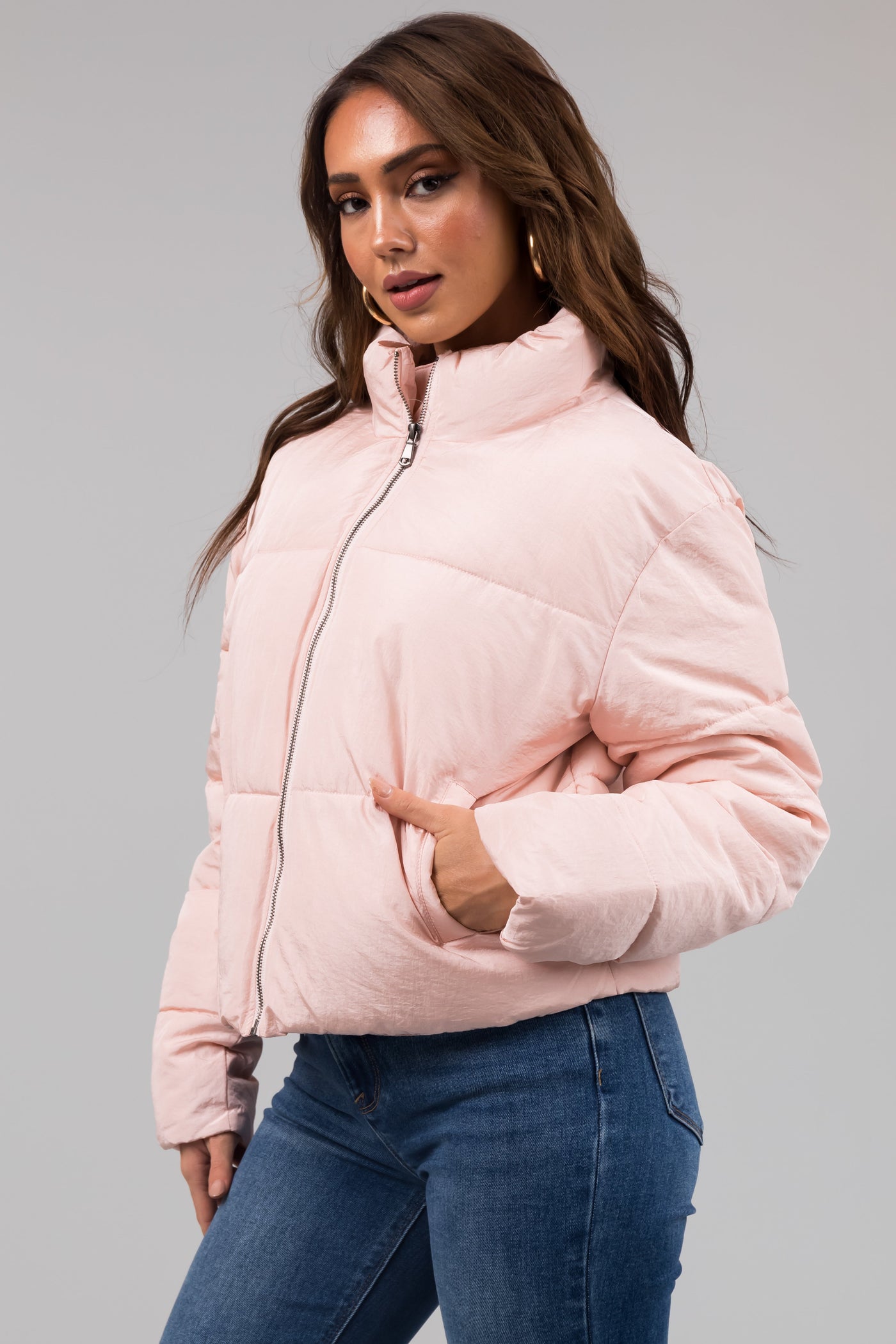 Blush Zip Up Quilted Puffer Jacket with Sheen