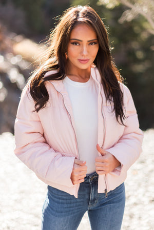 Blush Zip Up Quilted Puffer Jacket with Sheen