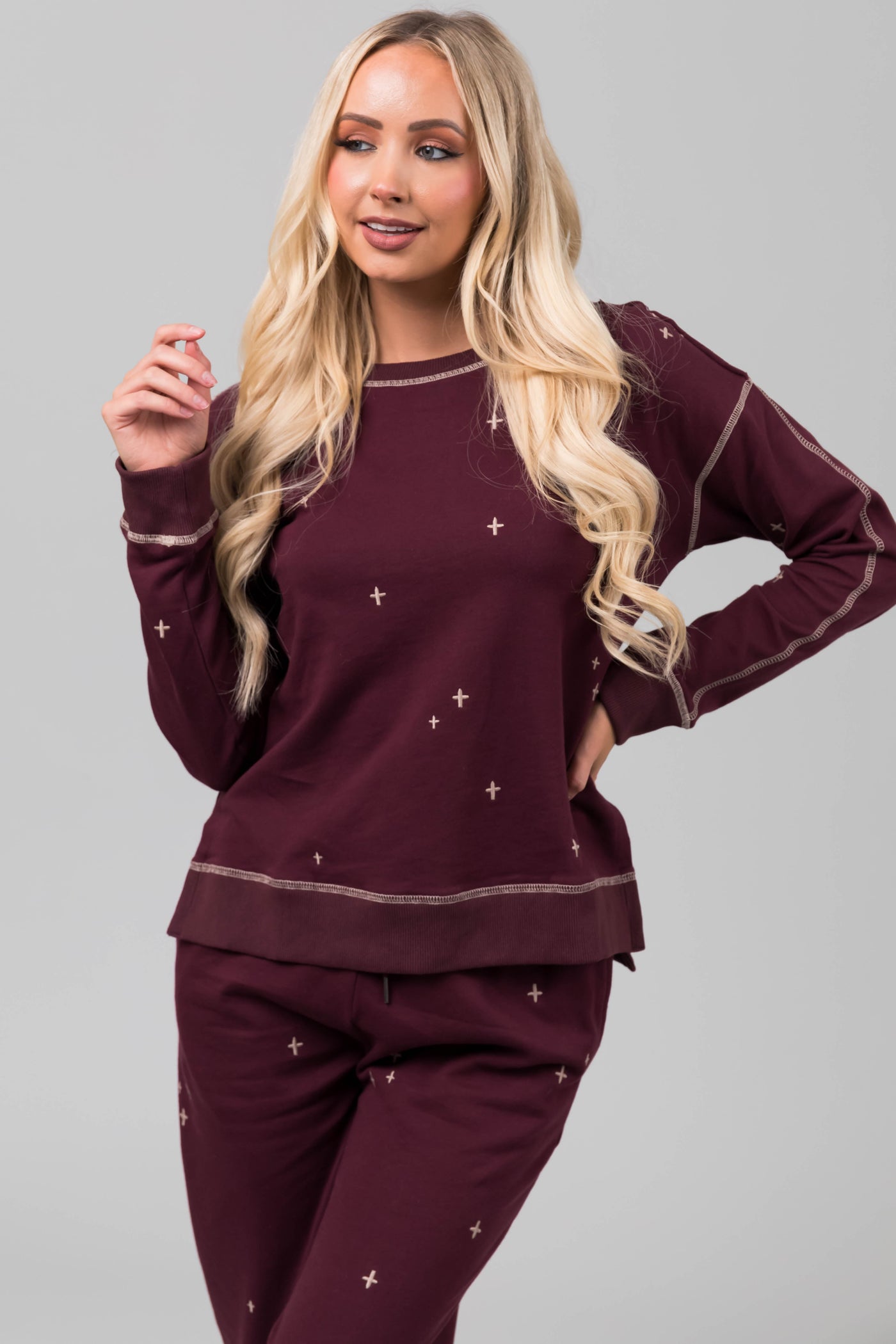 Boysenberry Embroidered Top and Jogger Set