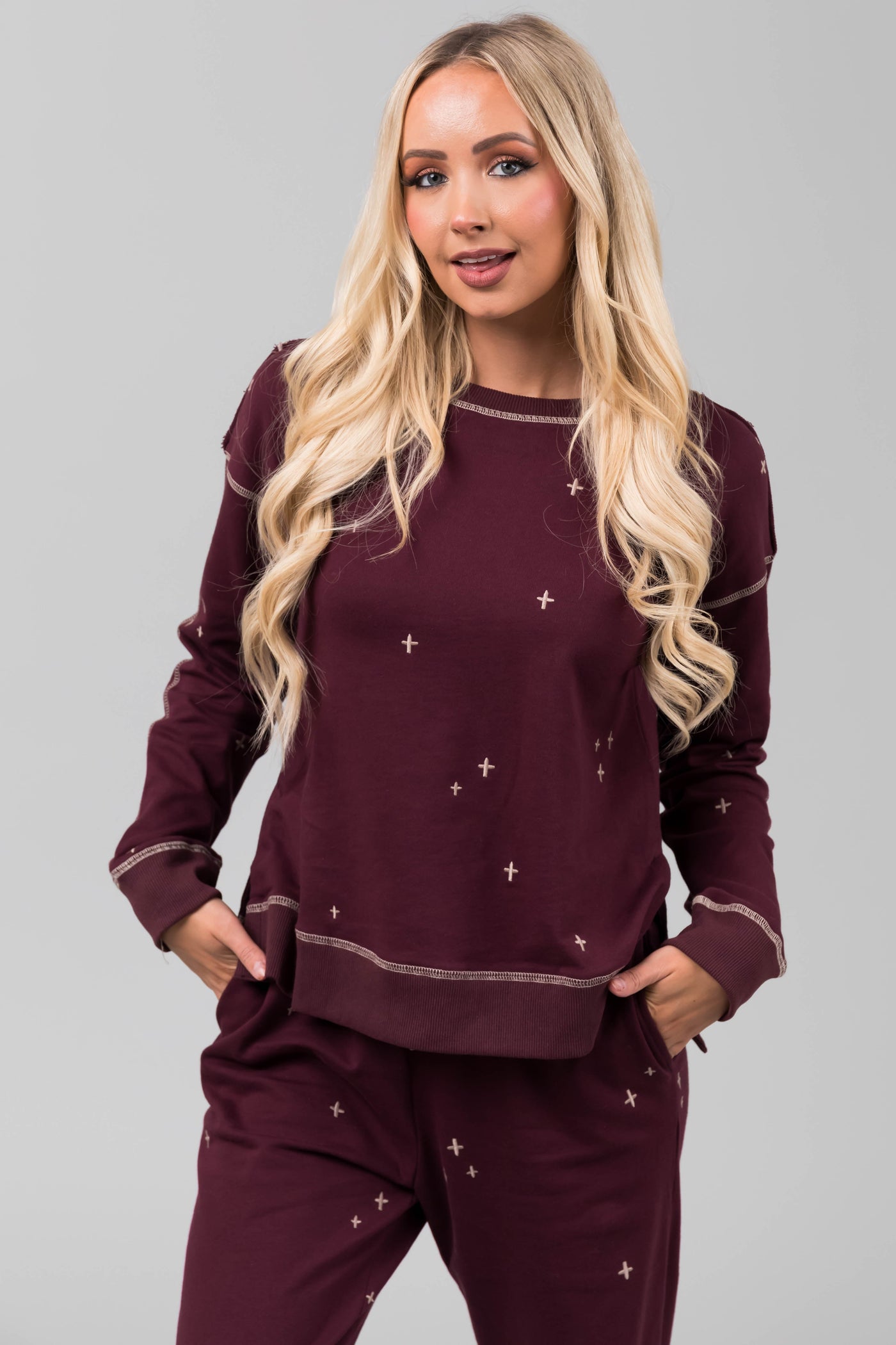 Boysenberry Embroidered Top and Jogger Set