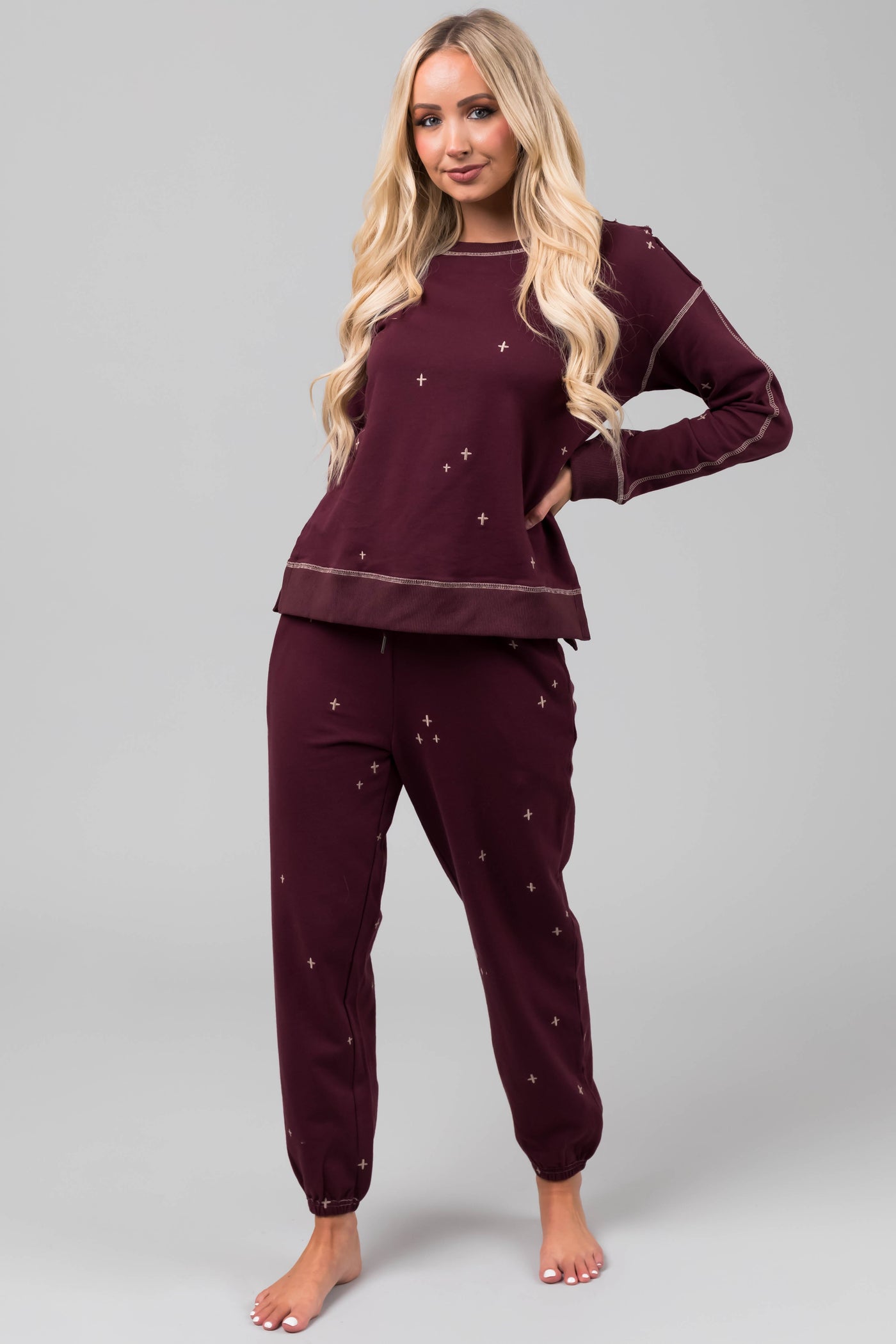Boysenberry Embroidered Top and Jogger Set