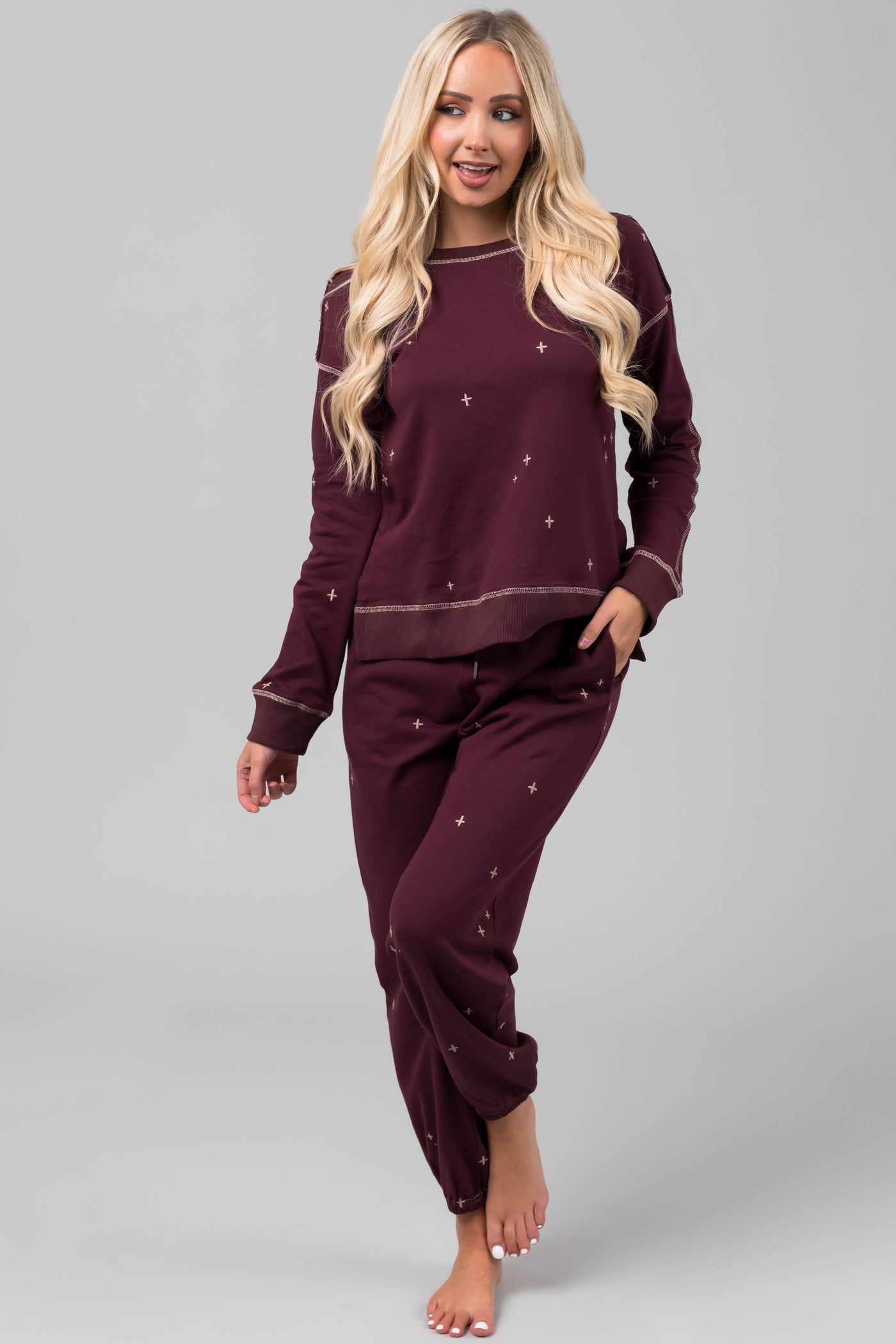 Boysenberry Embroidered Top and Jogger Set