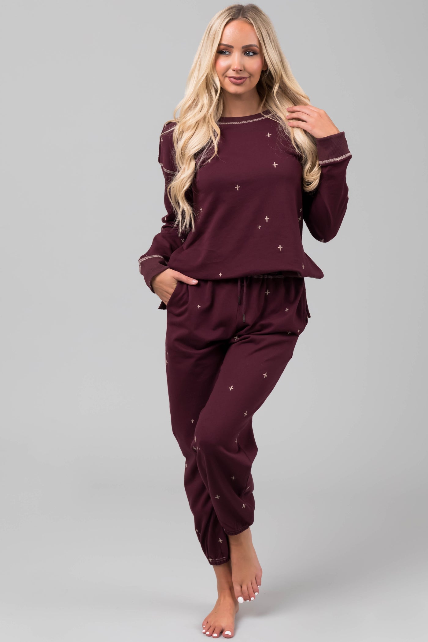 Boysenberry Embroidered Top and Jogger Set
