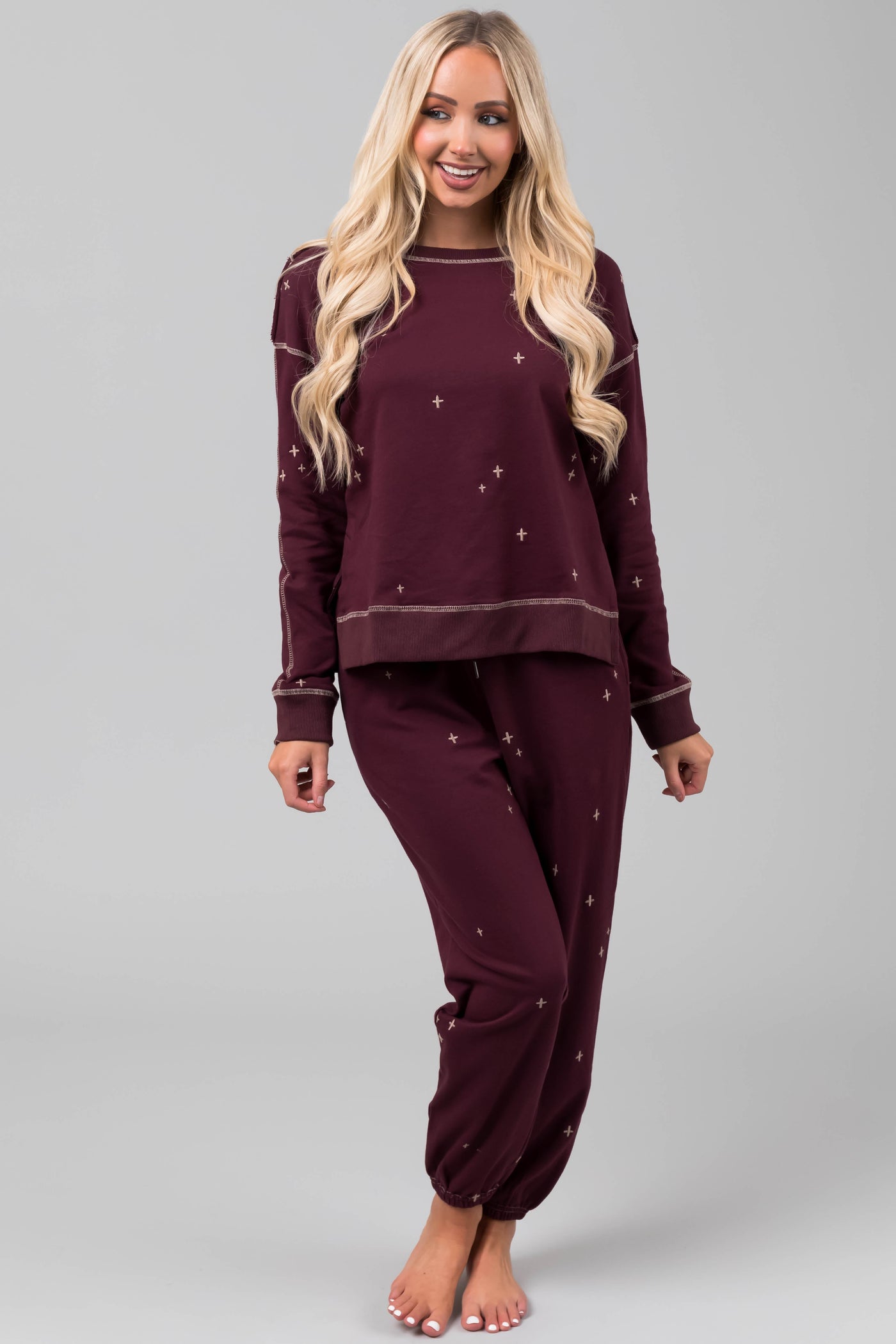 Boysenberry Embroidered Top and Jogger Set