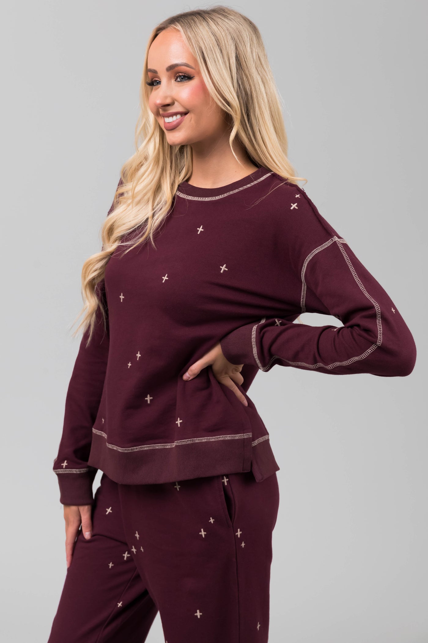 Boysenberry Embroidered Top and Jogger Set