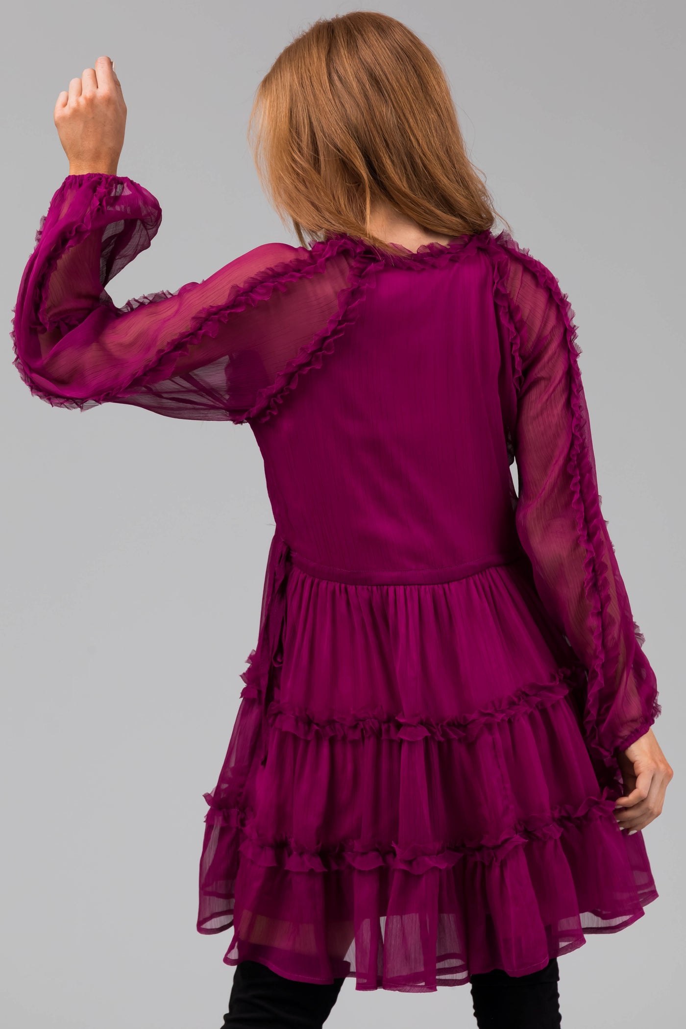 Boysenberry Long Sleeve Ruffle Tiered Dress