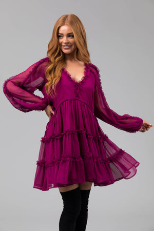 Boysenberry Long Sleeve Ruffle Tiered Dress