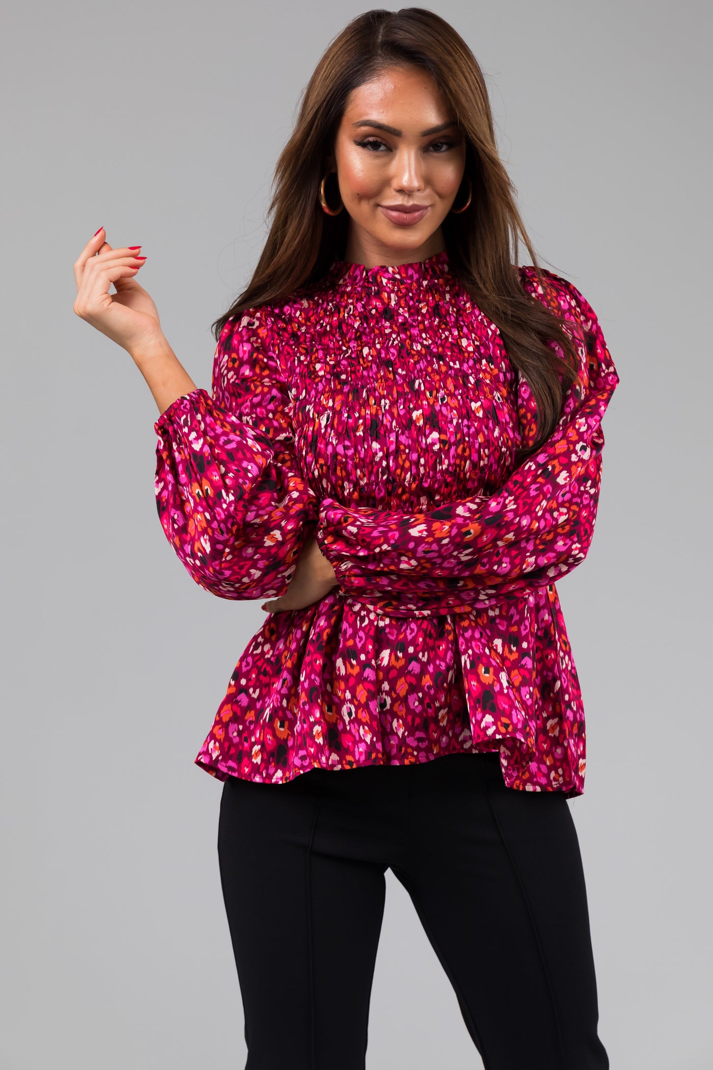 Boysenberry Smocked Bodice Long Sleeve Top