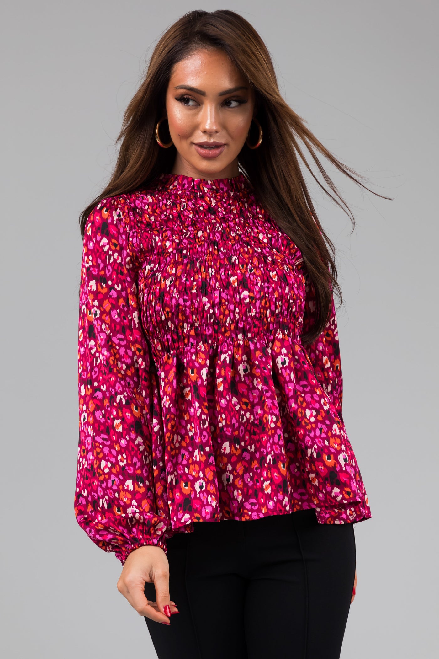 Boysenberry Smocked Bodice Long Sleeve Top