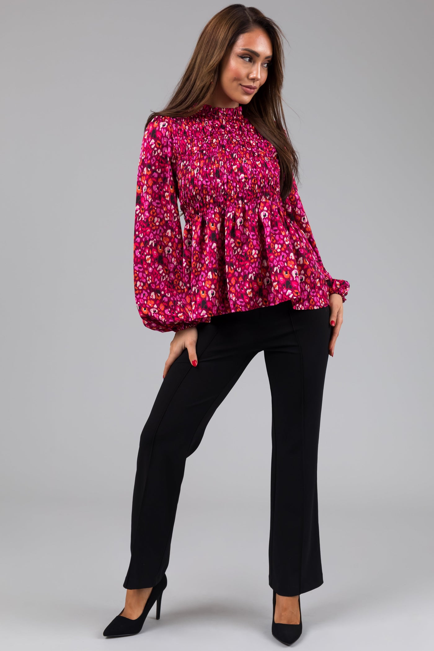 Boysenberry Smocked Bodice Long Sleeve Top