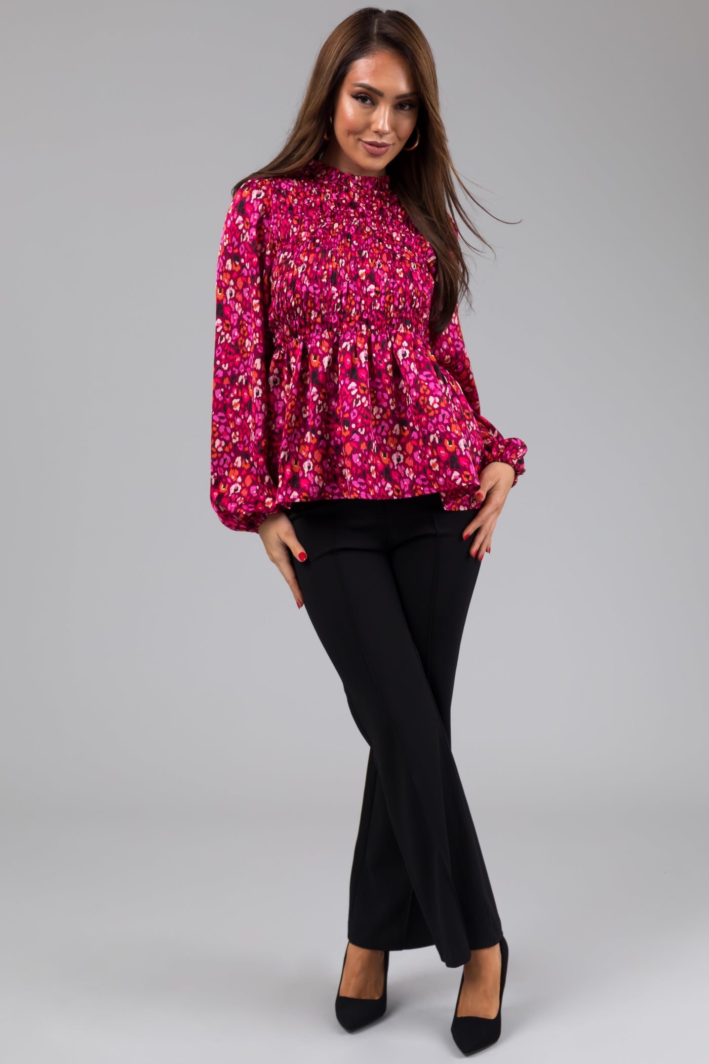 Boysenberry Smocked Bodice Long Sleeve Top