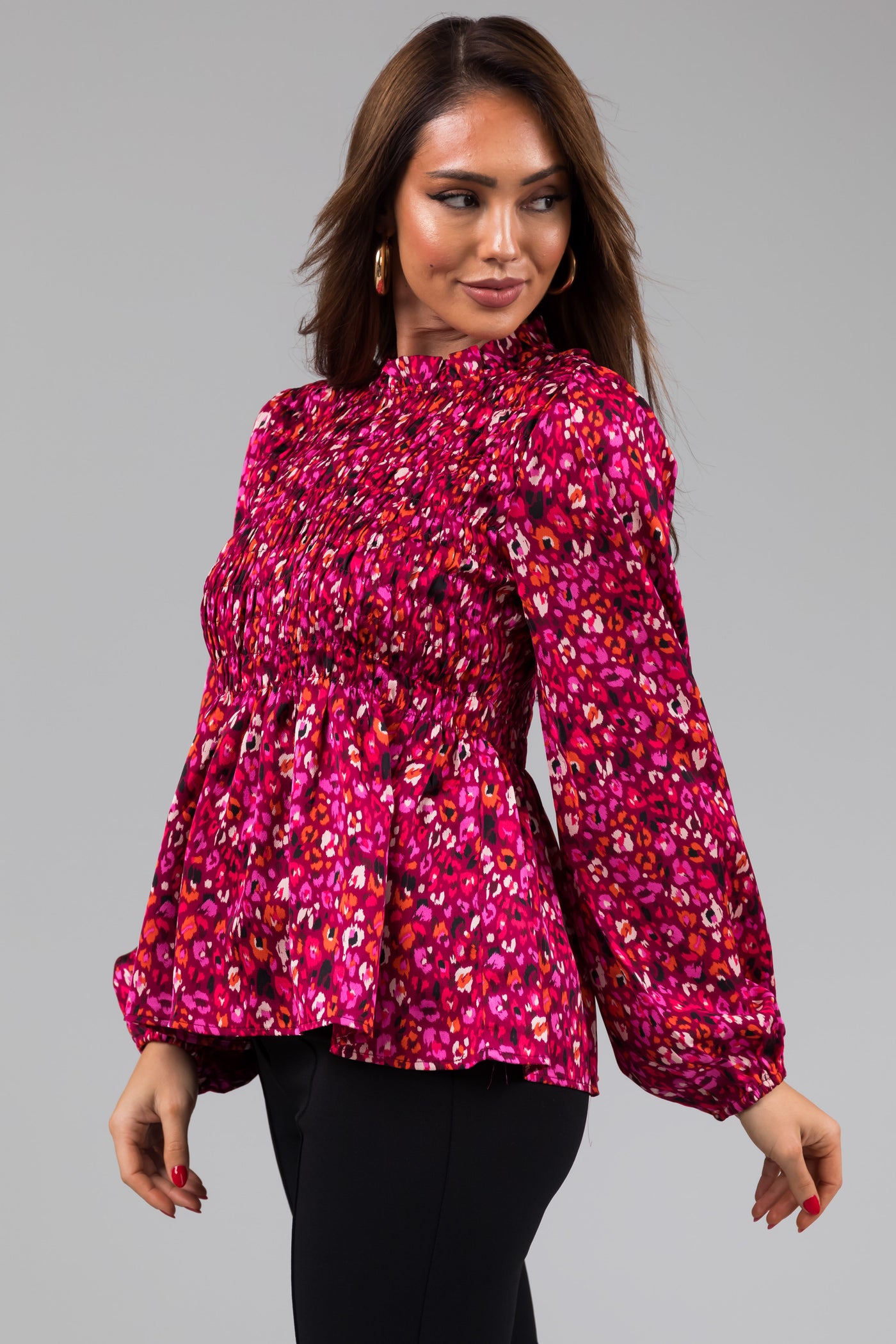 Boysenberry Smocked Bodice Long Sleeve Top