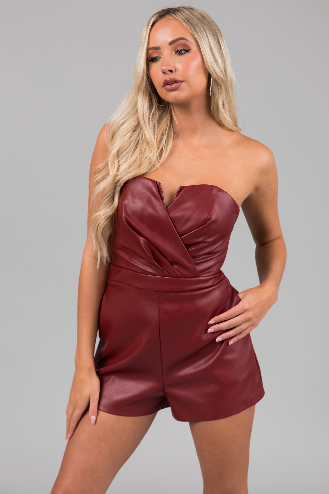 Brick Red Faux Leather Strapless Surplice Romper