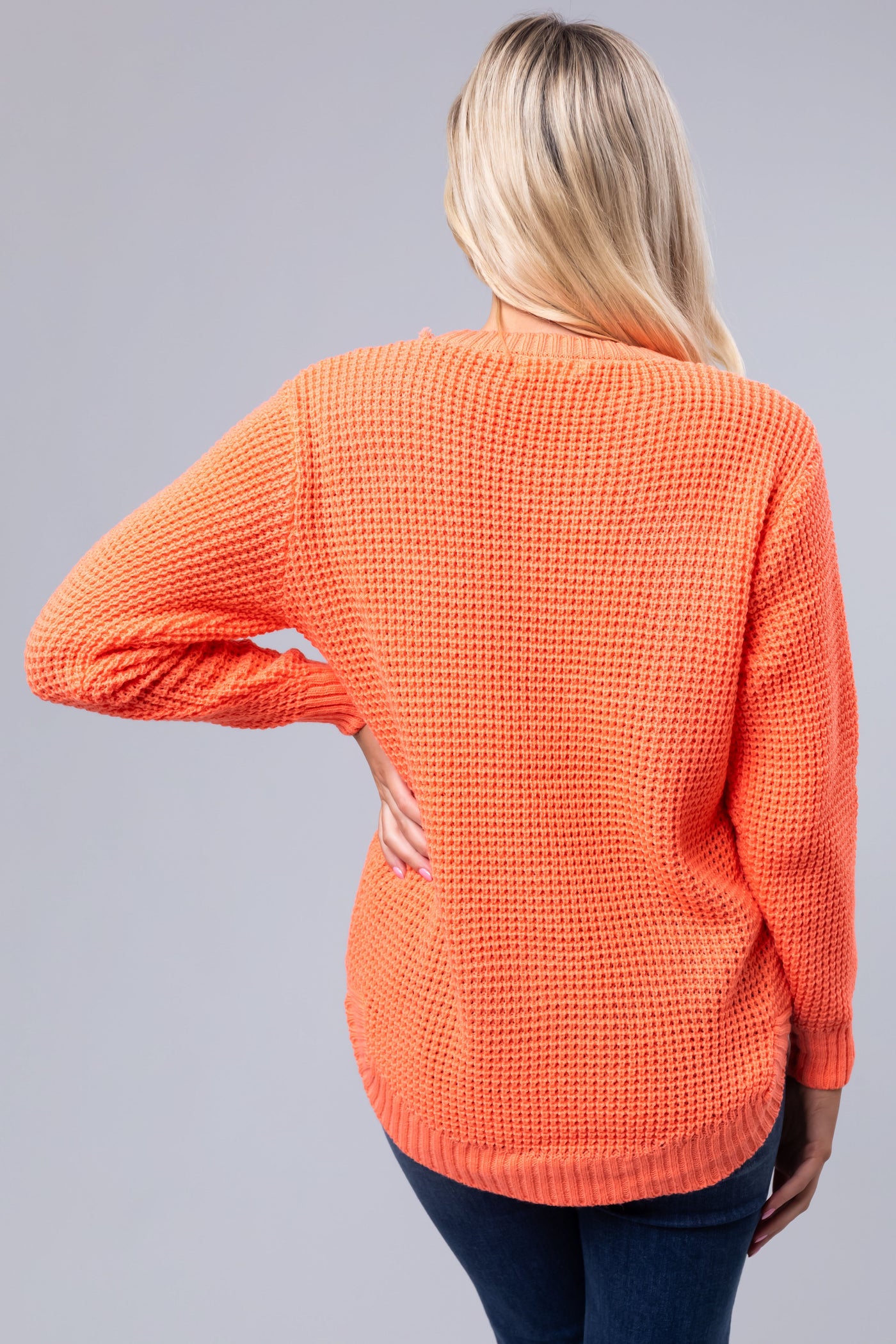 Bright Coral Thick Waffle Knit Curved Hem Sweater