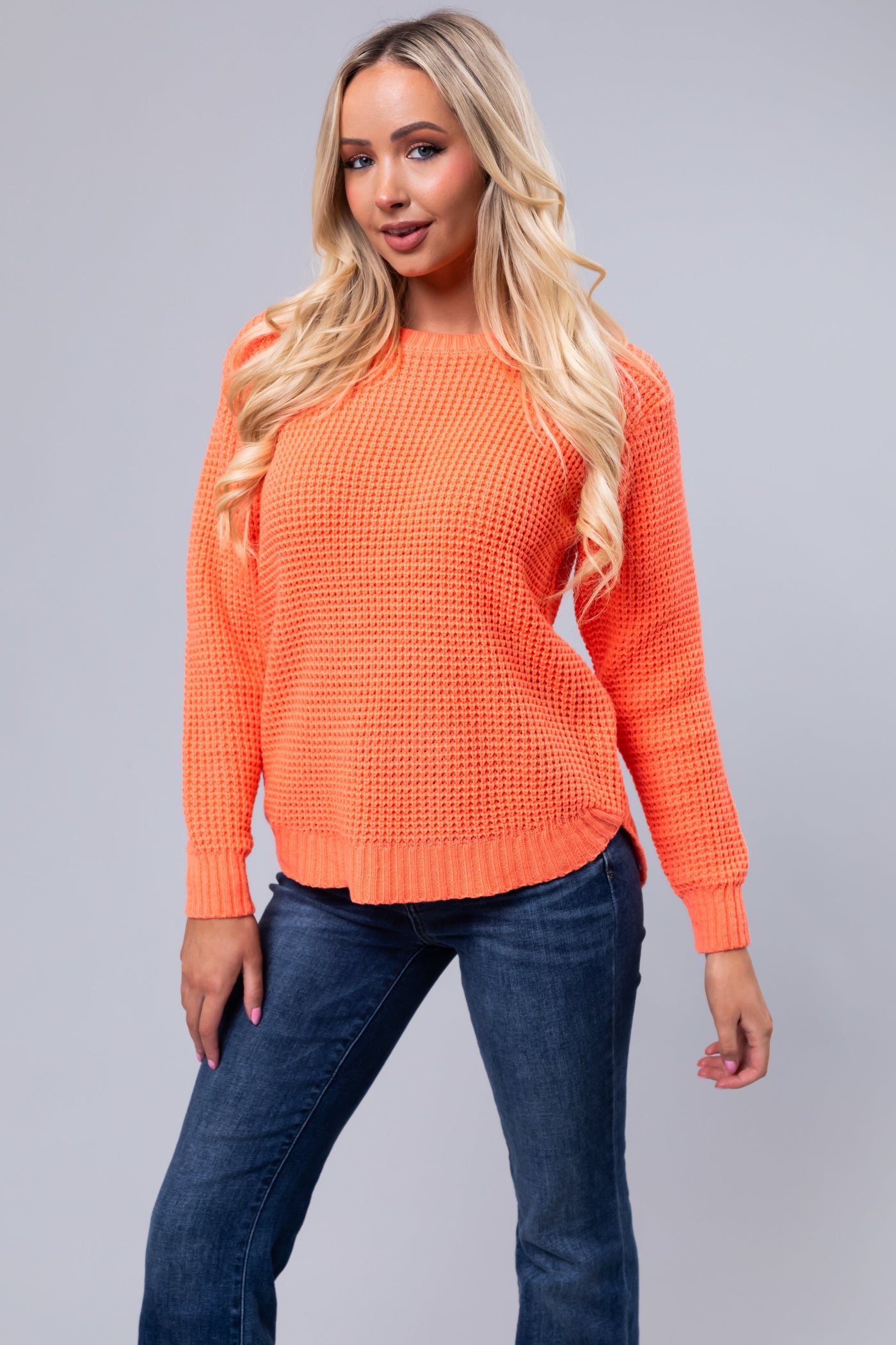 Bright Coral Thick Waffle Knit Curved Hem Sweater